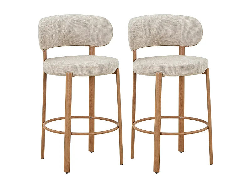 Lot de 2 tabourets en tissu texturé et métal effet bois - Crème - ASILOVA