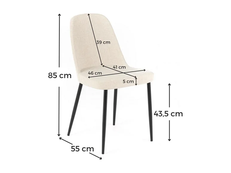 Lot de 4 chaises modernes en tissu beige "Giglio" avec pieds en métal peint, 46x55 cm, hauteur 85 cm