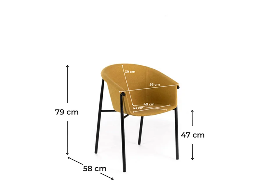 Zestaw 4 eleganckich, nowoczesnych krzeseł z żółtej tkaniny „Orchidea” z malowaną metalową ramą