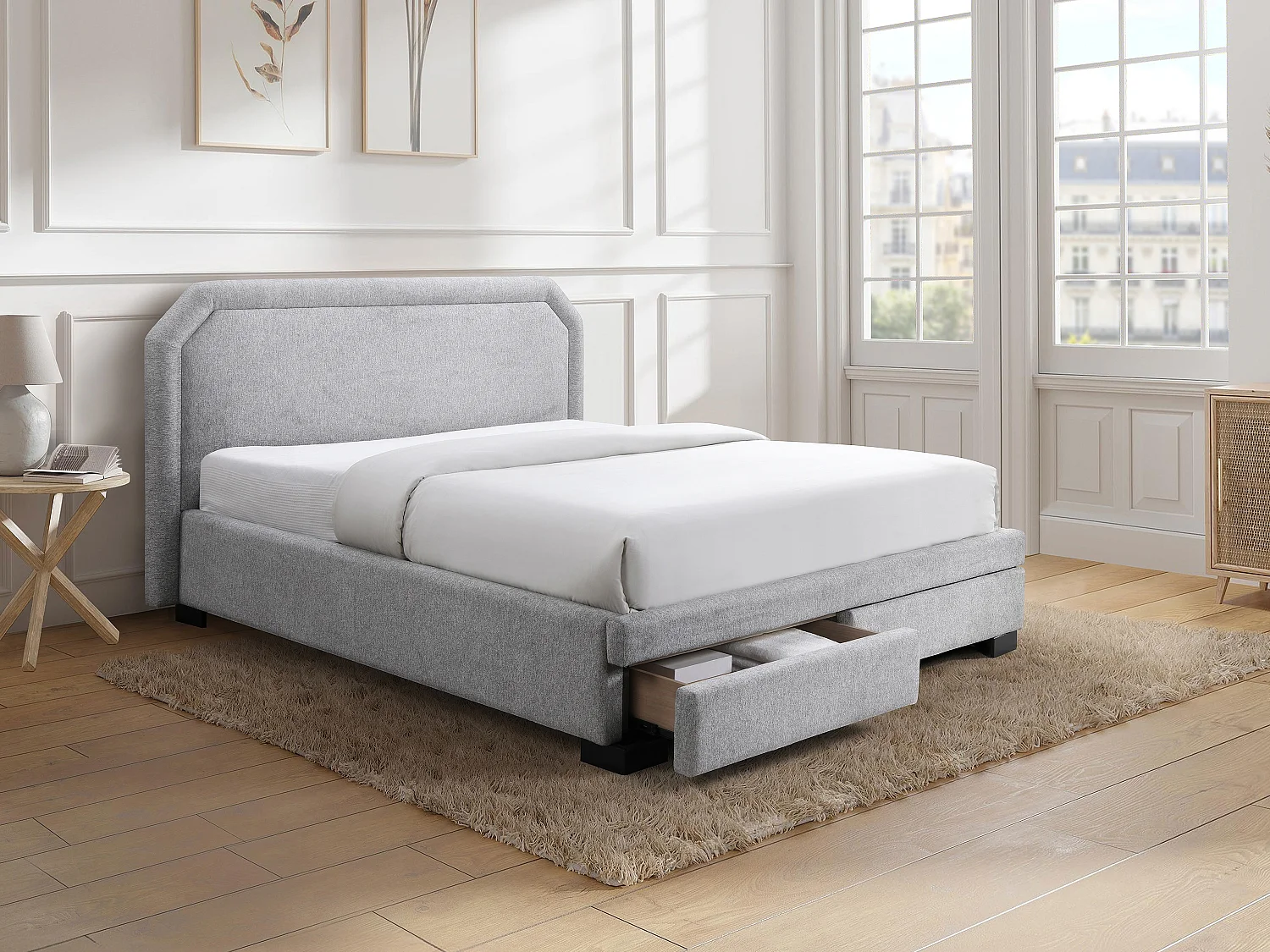 Lit avec tiroirs 180 x 200 cm - Tissu - Gris clair + Matelas - INASTO