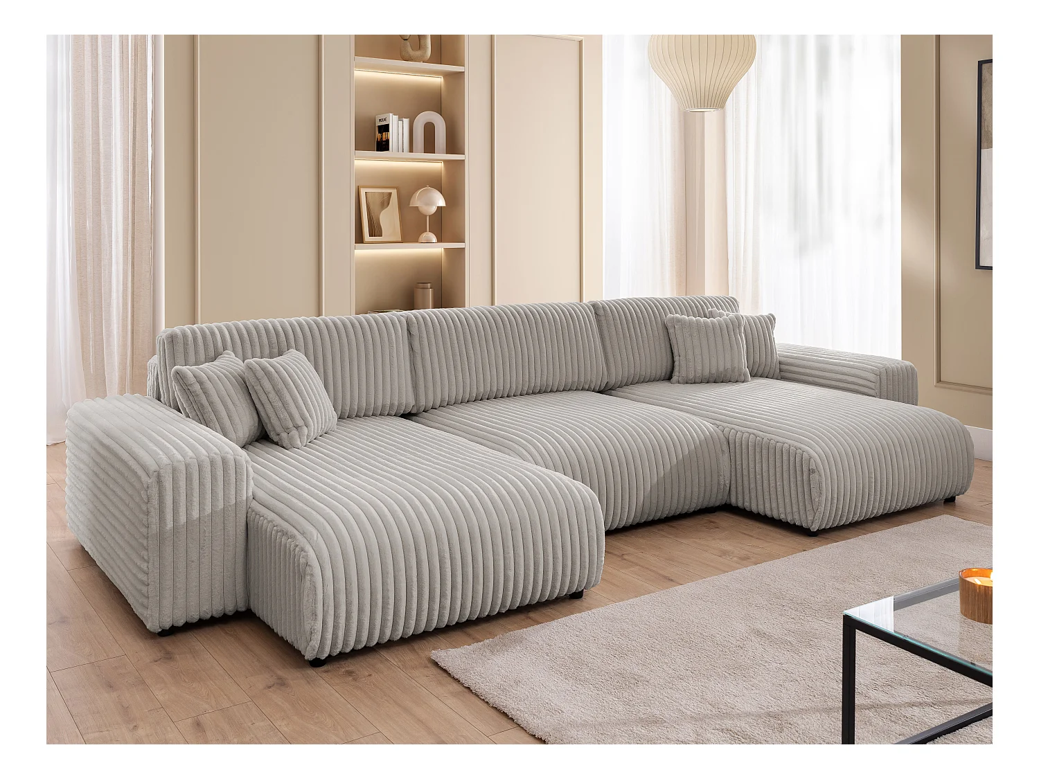 Mollis -  Wohnlandschaft mit Schlaffunktion und Bettkasten aus Hellgrau Plüschcord mit schöner Sitzkomfort