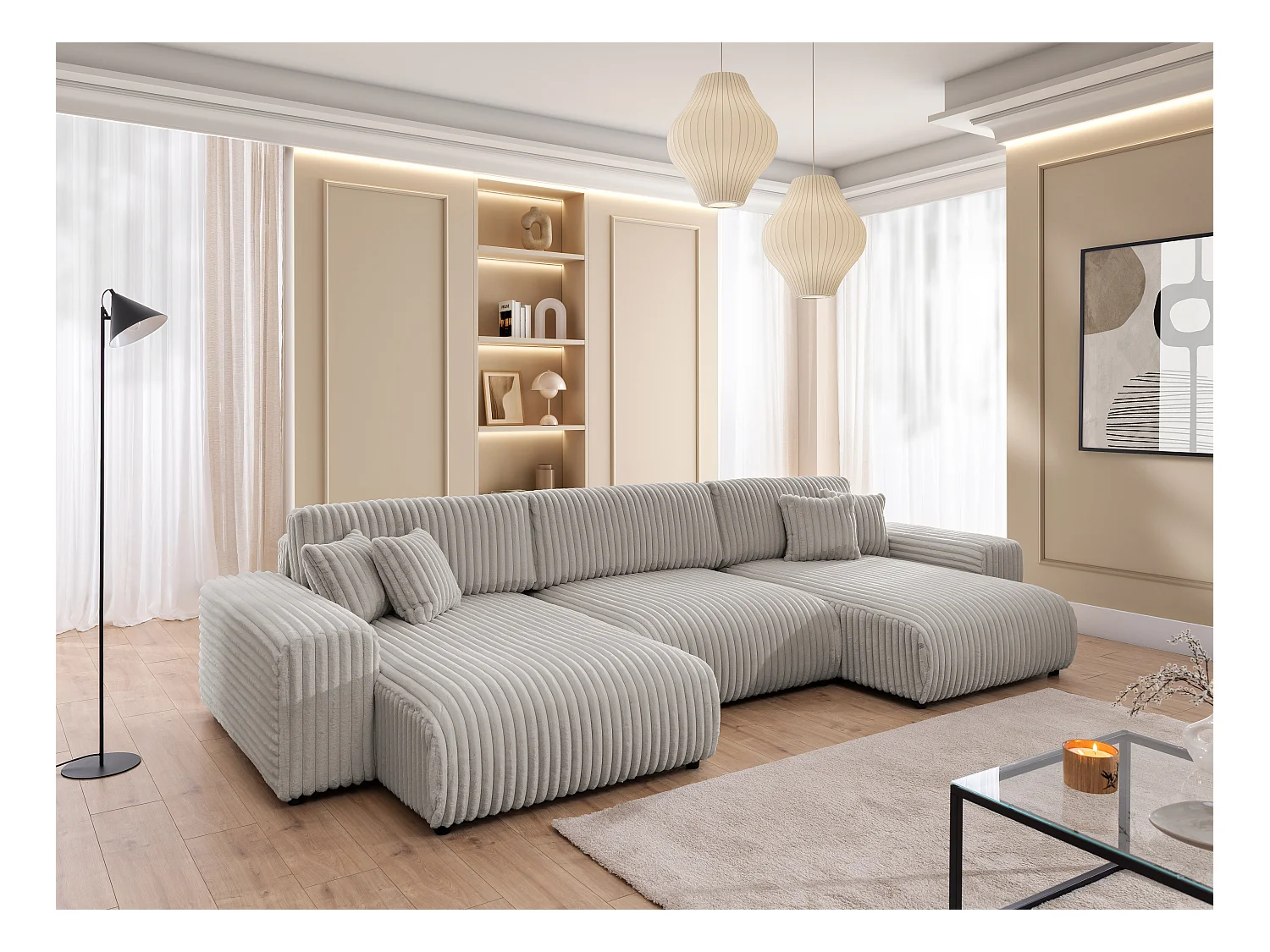 Mollis -  Wohnlandschaft mit Schlaffunktion und Bettkasten aus Hellgrau Plüschcord mit schöner Sitzkomfort