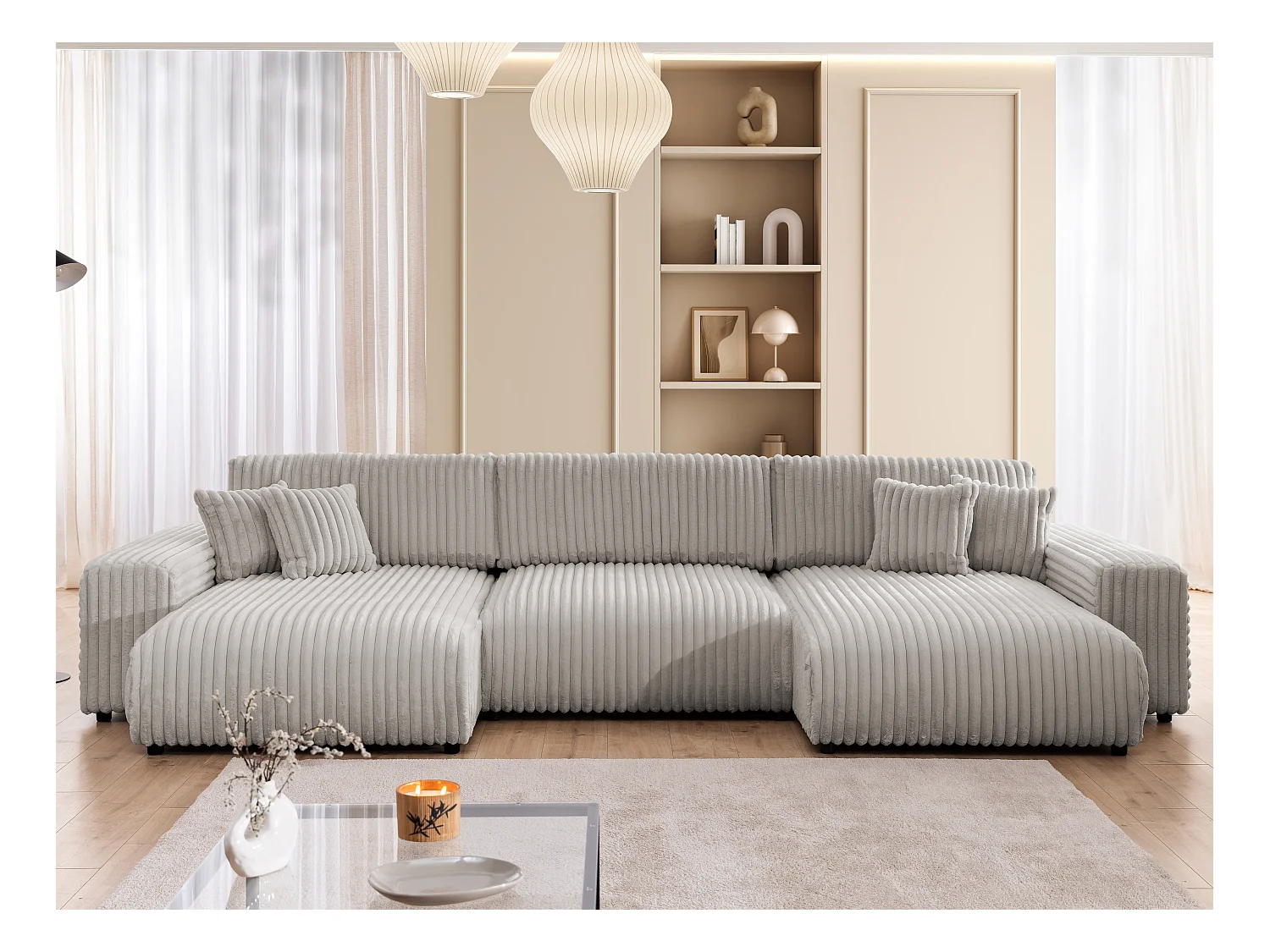 Mollis -  Wohnlandschaft mit Schlaffunktion und Bettkasten aus Hellgrau Plüschcord mit schöner Sitzkomfort