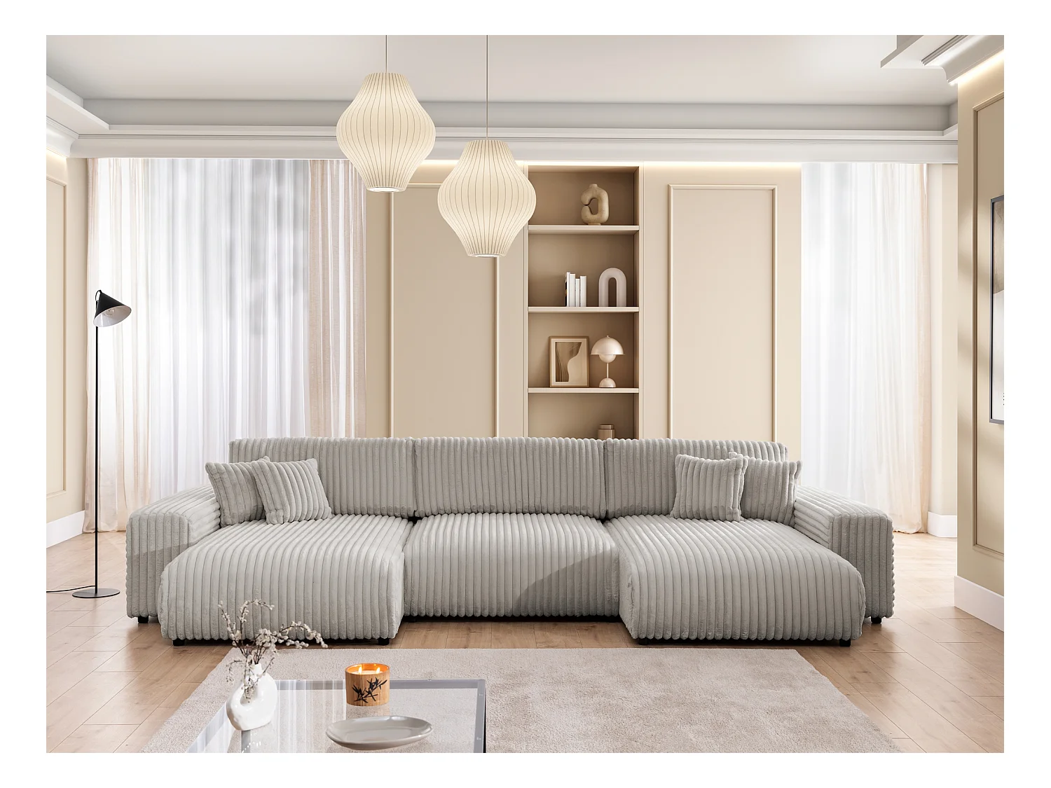 Mollis -  Wohnlandschaft mit Schlaffunktion und Bettkasten aus Hellgrau Plüschcord mit schöner Sitzkomfort