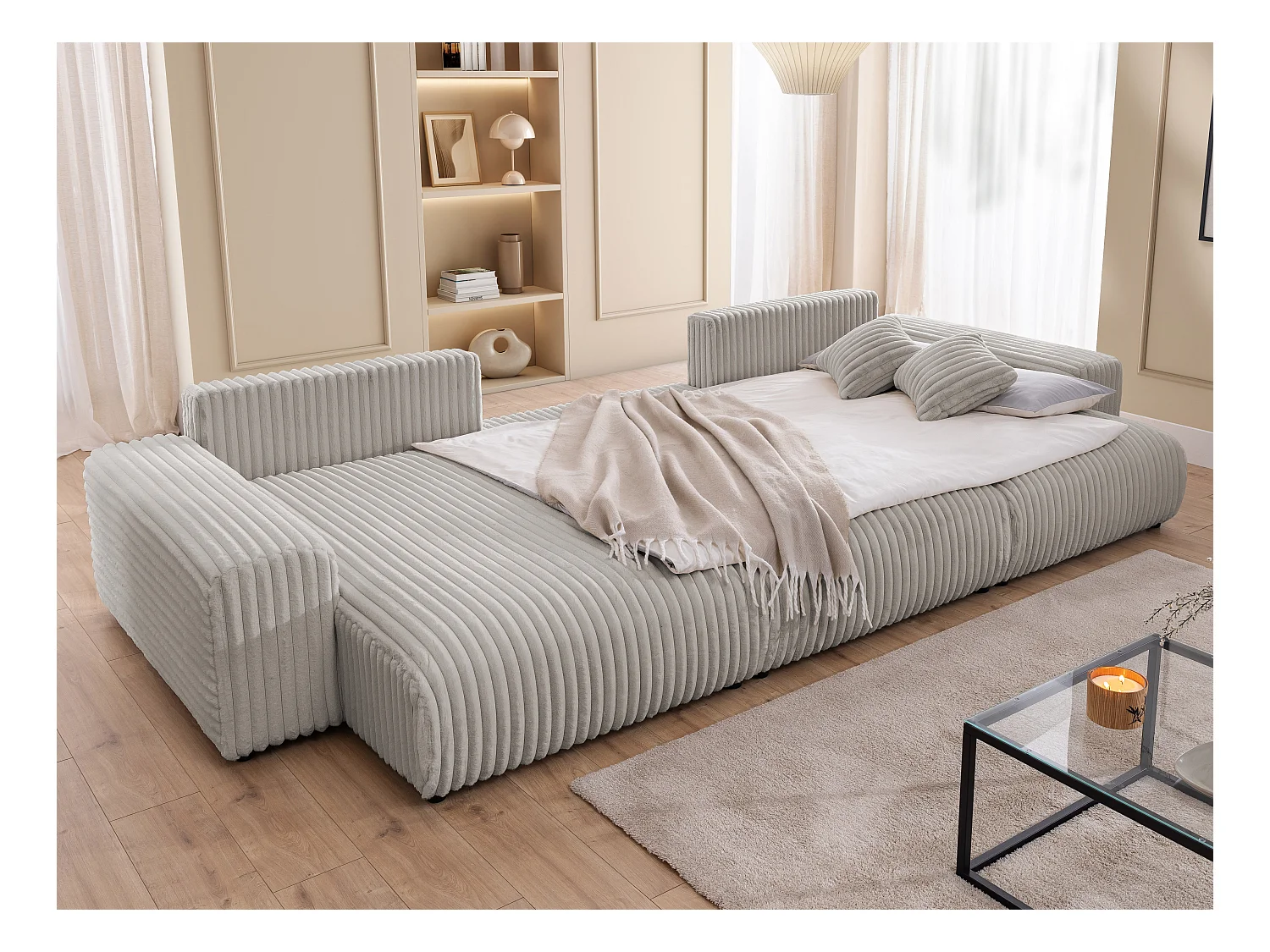 Mollis -  Wohnlandschaft mit Schlaffunktion und Bettkasten aus Hellgrau Plüschcord mit schöner Sitzkomfort