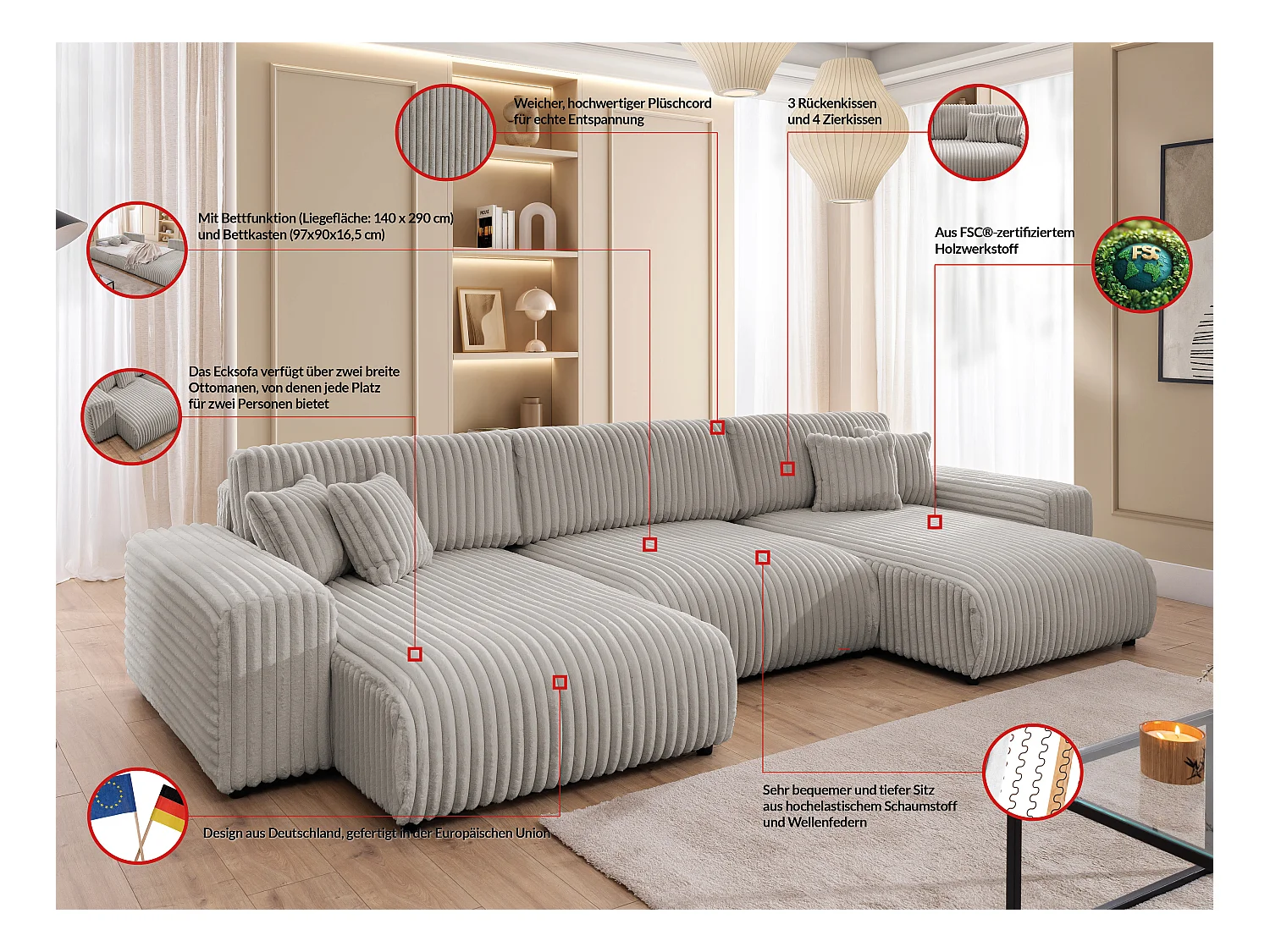 Mollis -  Wohnlandschaft mit Schlaffunktion und Bettkasten aus Hellgrau Plüschcord mit schöner Sitzkomfort