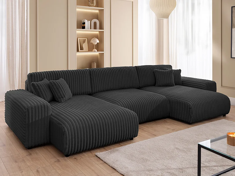 Mollis -  Wohnlandschaft mit Schlaffunktion und Bettkasten aus Dunkelgrau Plüschcord mit schöner Sitzkomfort