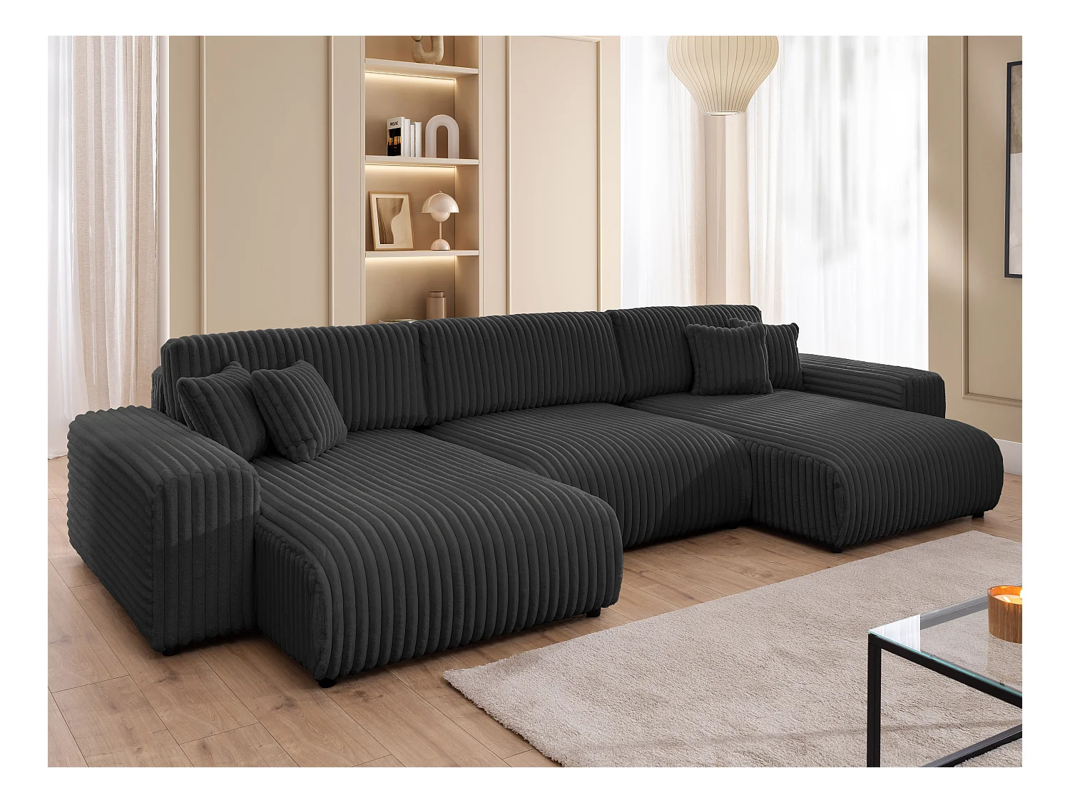 Mollis -  Wohnlandschaft mit Schlaffunktion und Bettkasten aus Dunkelgrau Plüschcord mit schöner Sitzkomfort