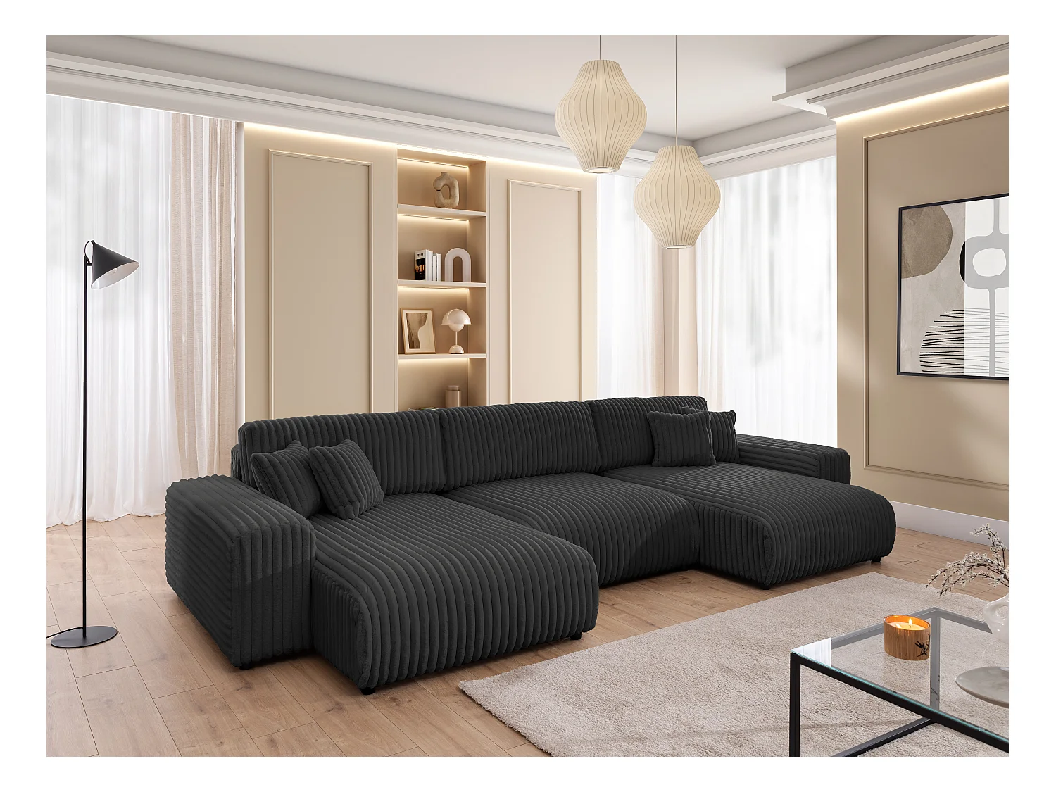 Mollis -  Wohnlandschaft mit Schlaffunktion und Bettkasten aus Dunkelgrau Plüschcord mit schöner Sitzkomfort