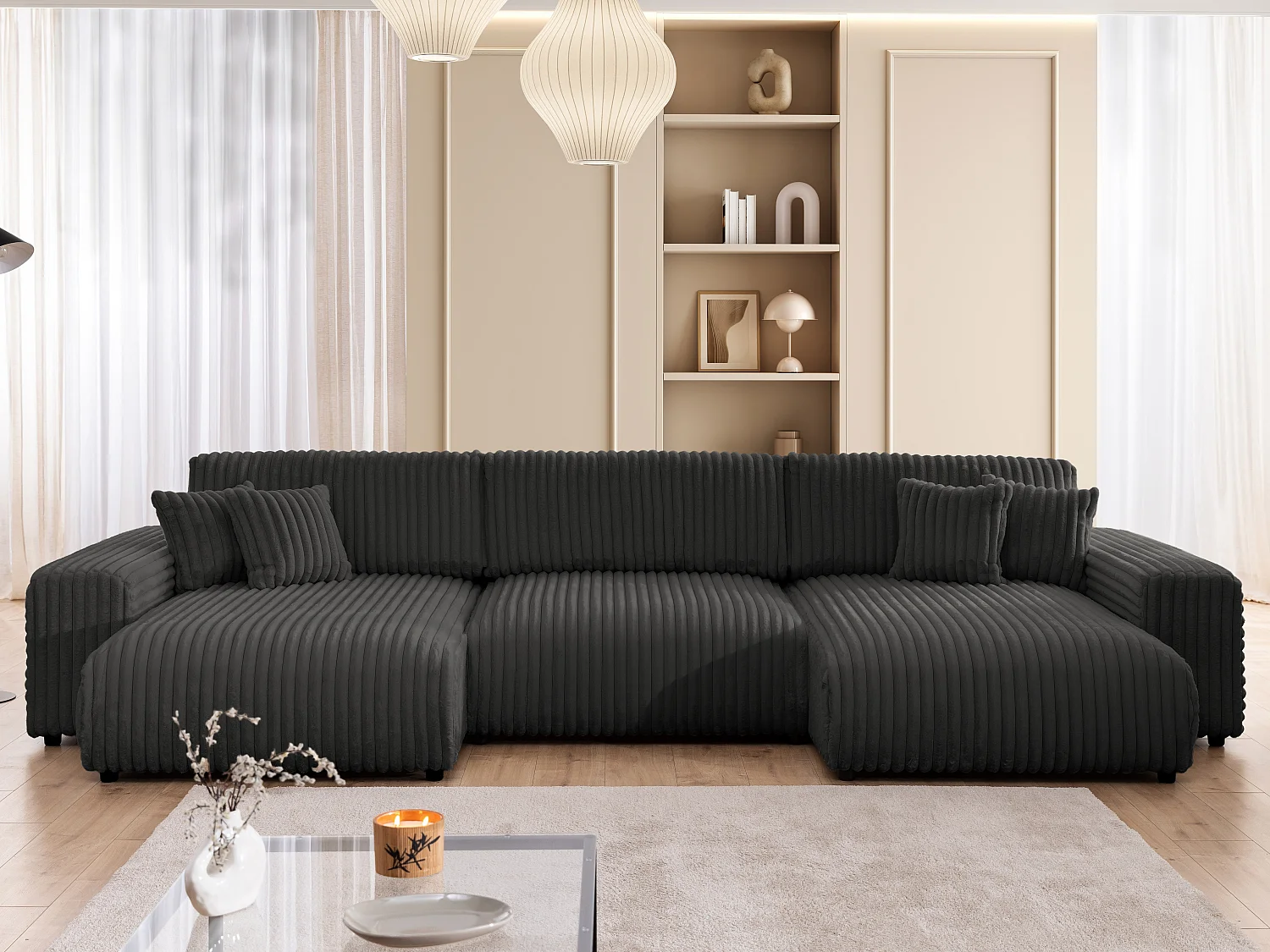 Mollis -  Wohnlandschaft mit Schlaffunktion und Bettkasten aus Dunkelgrau Plüschcord mit schöner Sitzkomfort