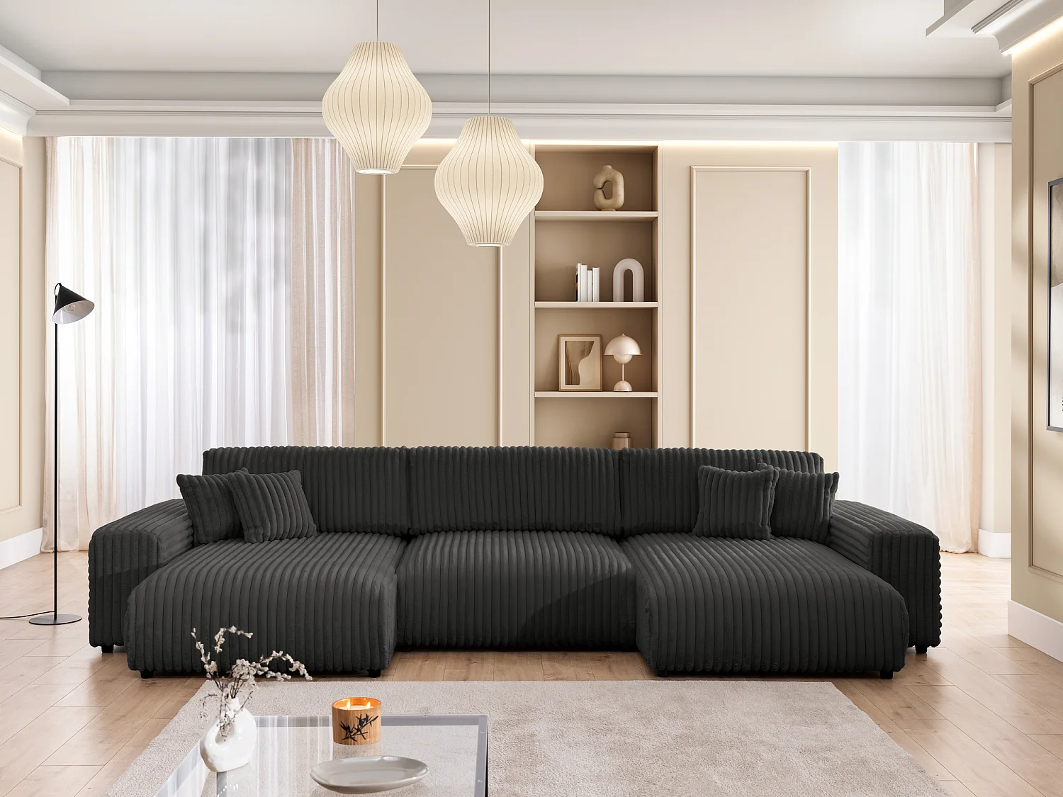 Mollis -  Wohnlandschaft mit Schlaffunktion und Bettkasten aus Dunkelgrau Plüschcord mit schöner Sitzkomfort