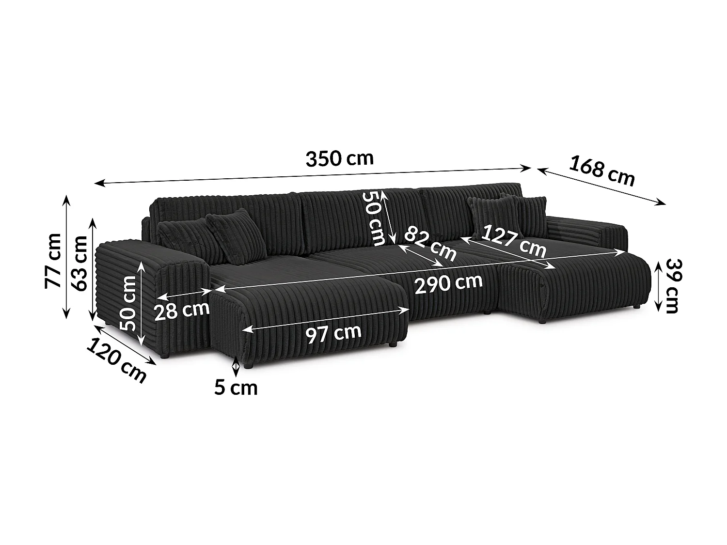Mollis -  Wohnlandschaft mit Schlaffunktion und Bettkasten aus Dunkelgrau Plüschcord mit schöner Sitzkomfort