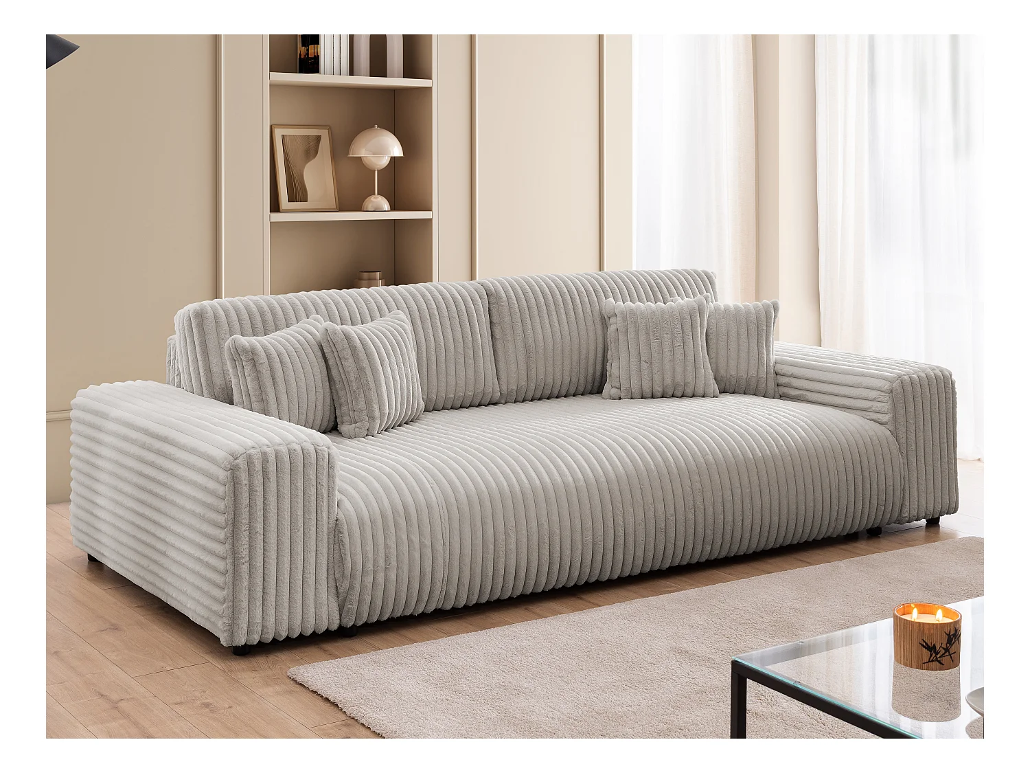 Mollis -  Sofa mit Schlaffunktion und Bettkasten aus Hellgrau Plüschcord mit schöner Sitzkomfort