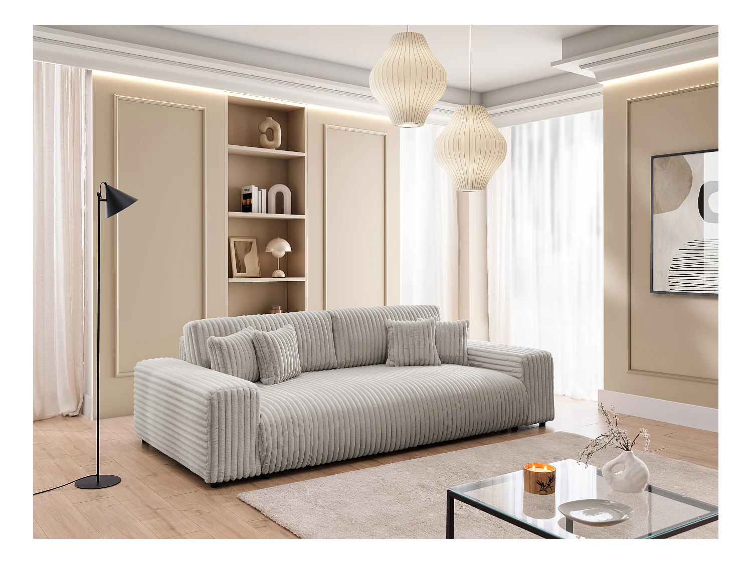 Mollis -  Sofa mit Schlaffunktion und Bettkasten aus Hellgrau Plüschcord mit schöner Sitzkomfort