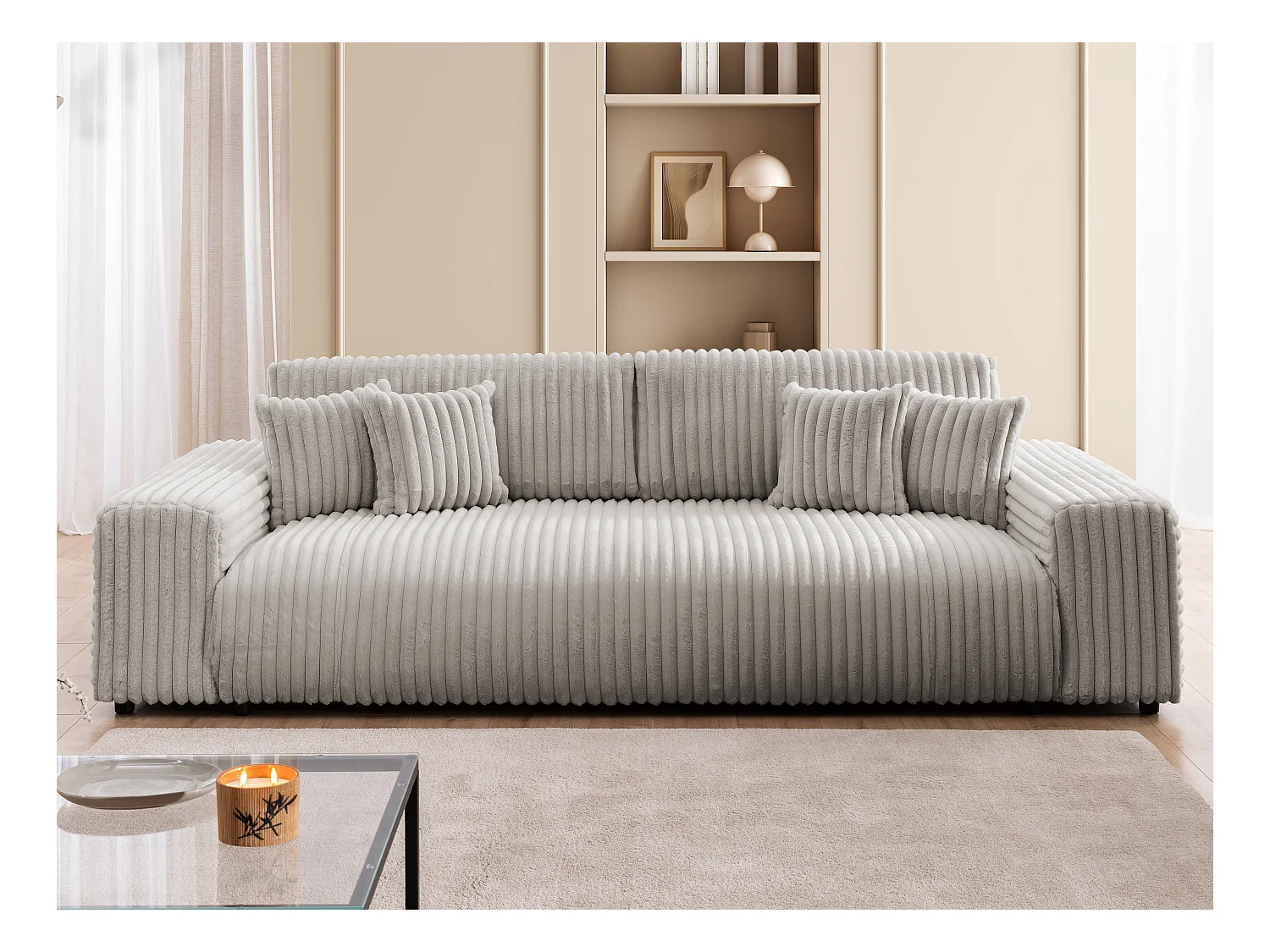 Mollis -  Sofa mit Schlaffunktion und Bettkasten aus Hellgrau Plüschcord mit schöner Sitzkomfort