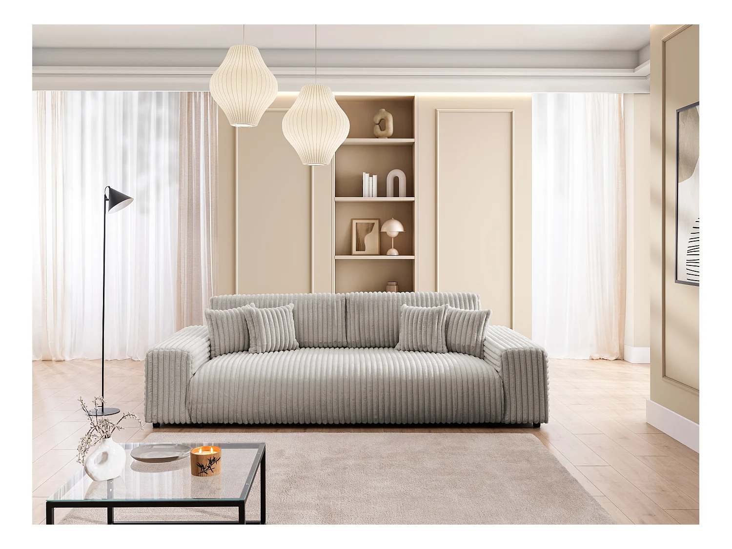 Mollis -  Sofa mit Schlaffunktion und Bettkasten aus Hellgrau Plüschcord mit schöner Sitzkomfort