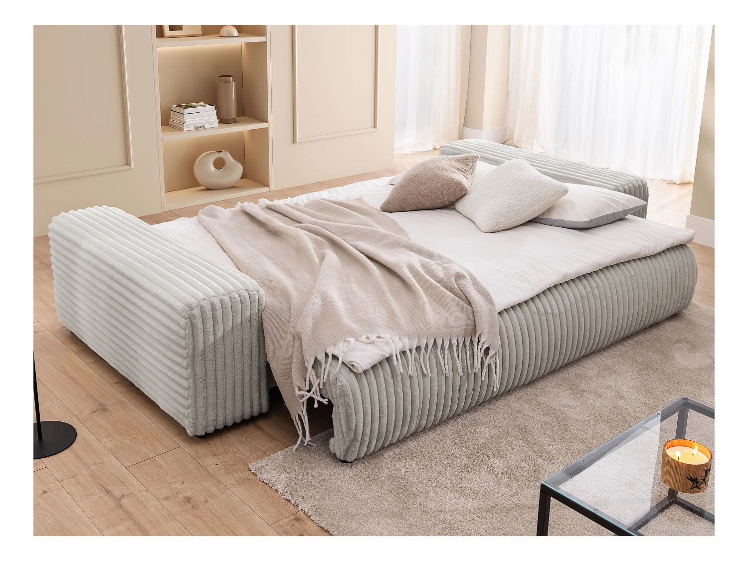 Mollis -  Sofa mit Schlaffunktion und Bettkasten aus Hellgrau Plüschcord mit schöner Sitzkomfort