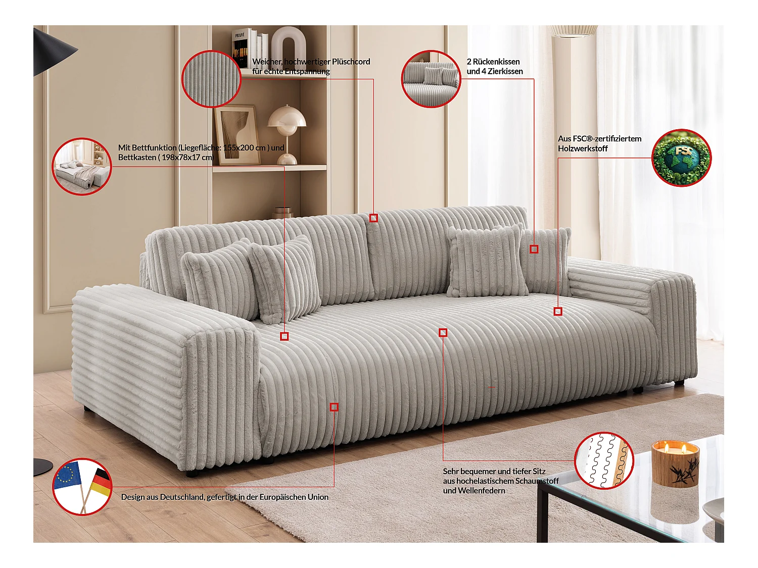 Mollis -  Sofa mit Schlaffunktion und Bettkasten aus Hellgrau Plüschcord mit schöner Sitzkomfort