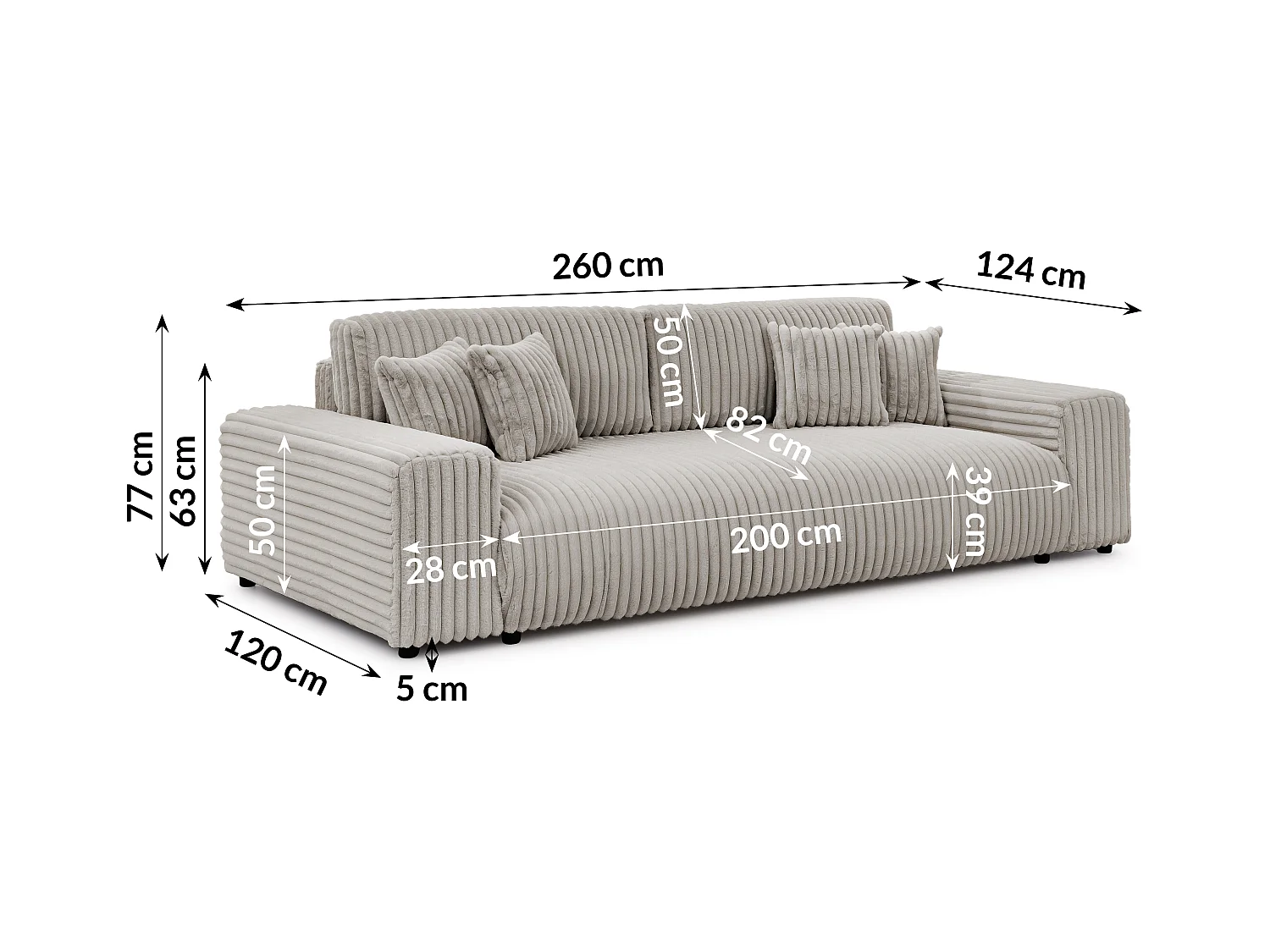 Mollis -  Sofa mit Schlaffunktion und Bettkasten aus Hellgrau Plüschcord mit schöner Sitzkomfort