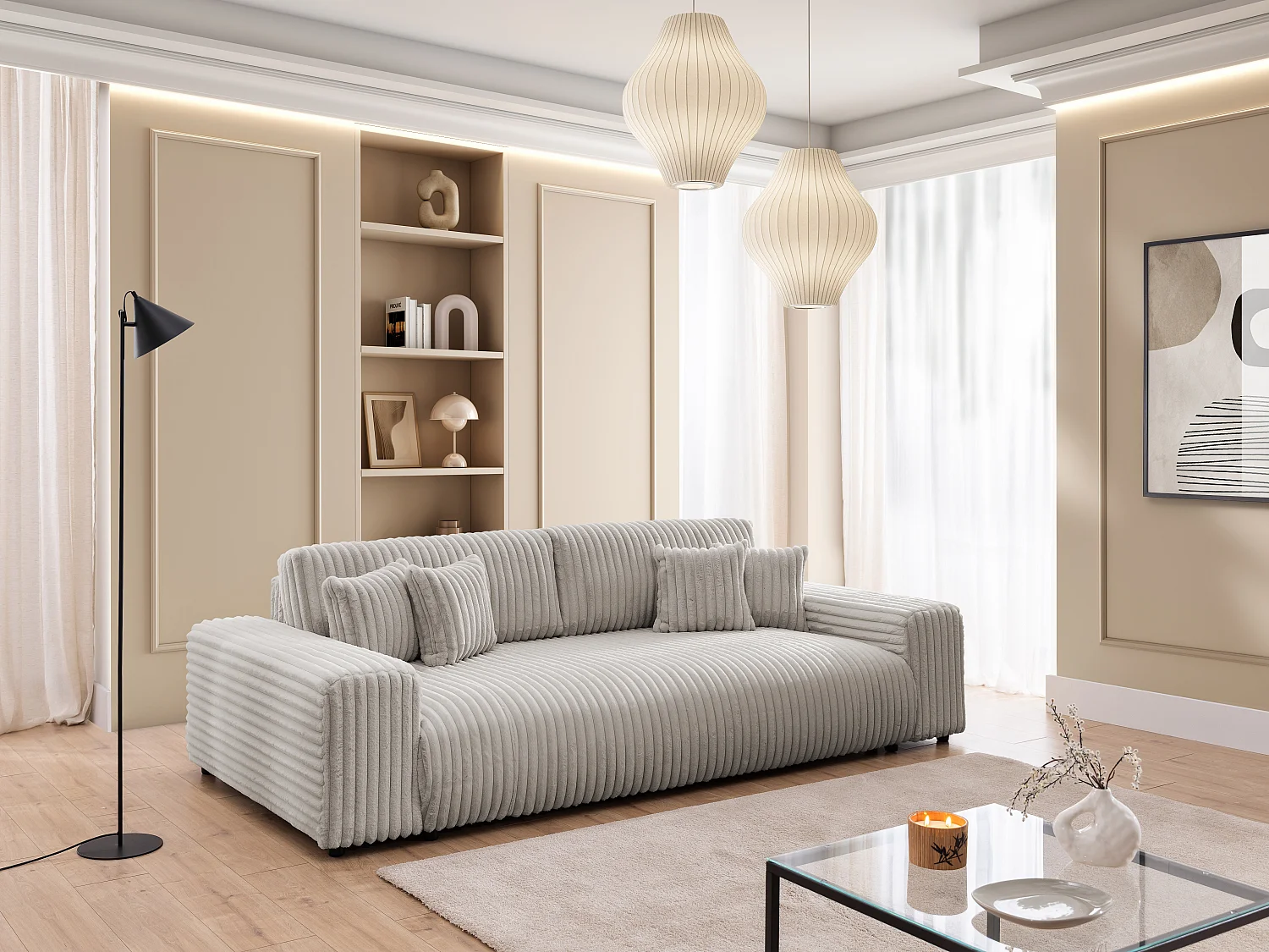 Mollis -  Sofa mit Schlaffunktion und Bettkasten aus Hellgrau Plüschcord mit schöner Sitzkomfort