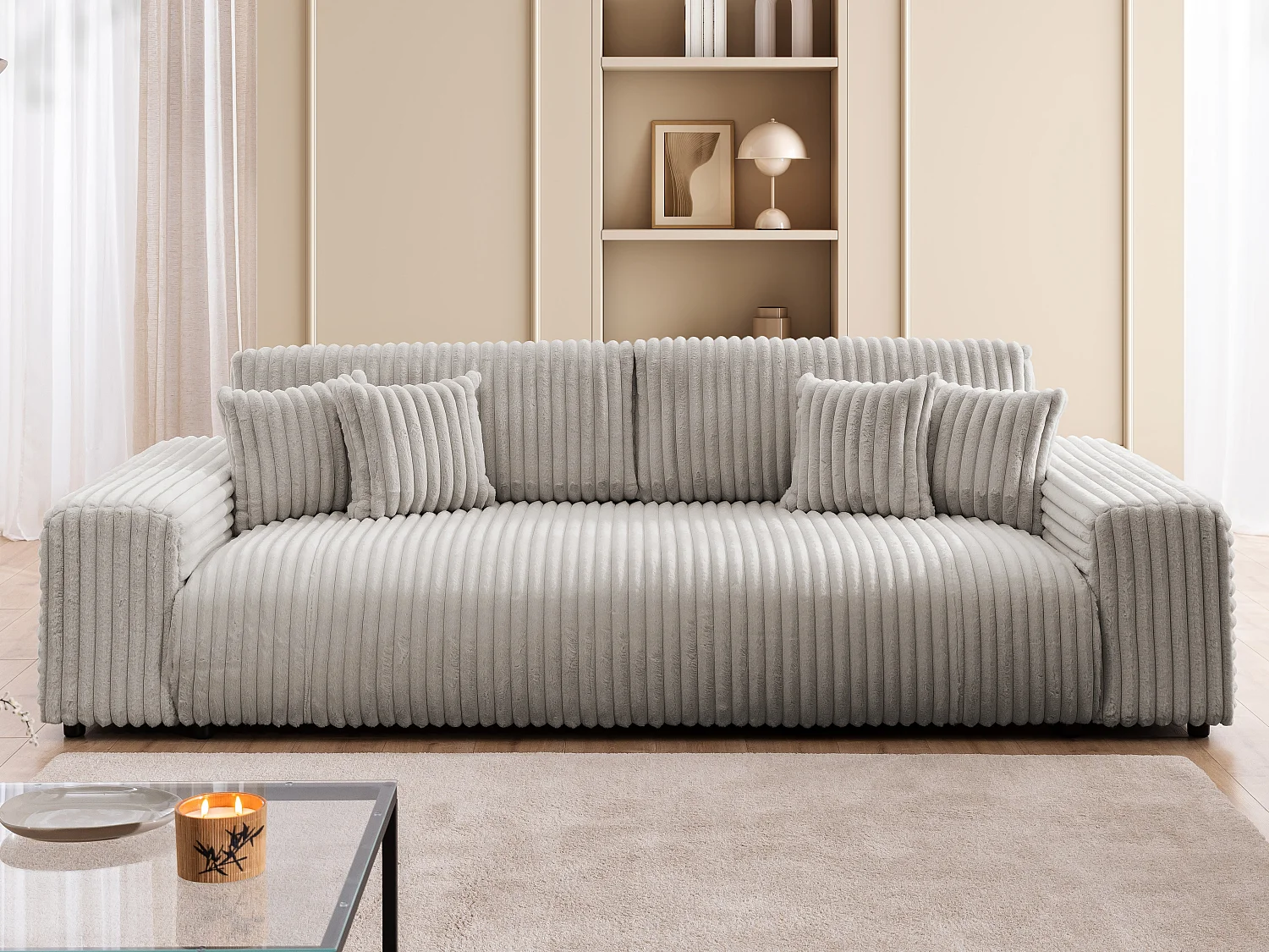 Mollis -  Sofa mit Schlaffunktion und Bettkasten aus Hellgrau Plüschcord mit schöner Sitzkomfort