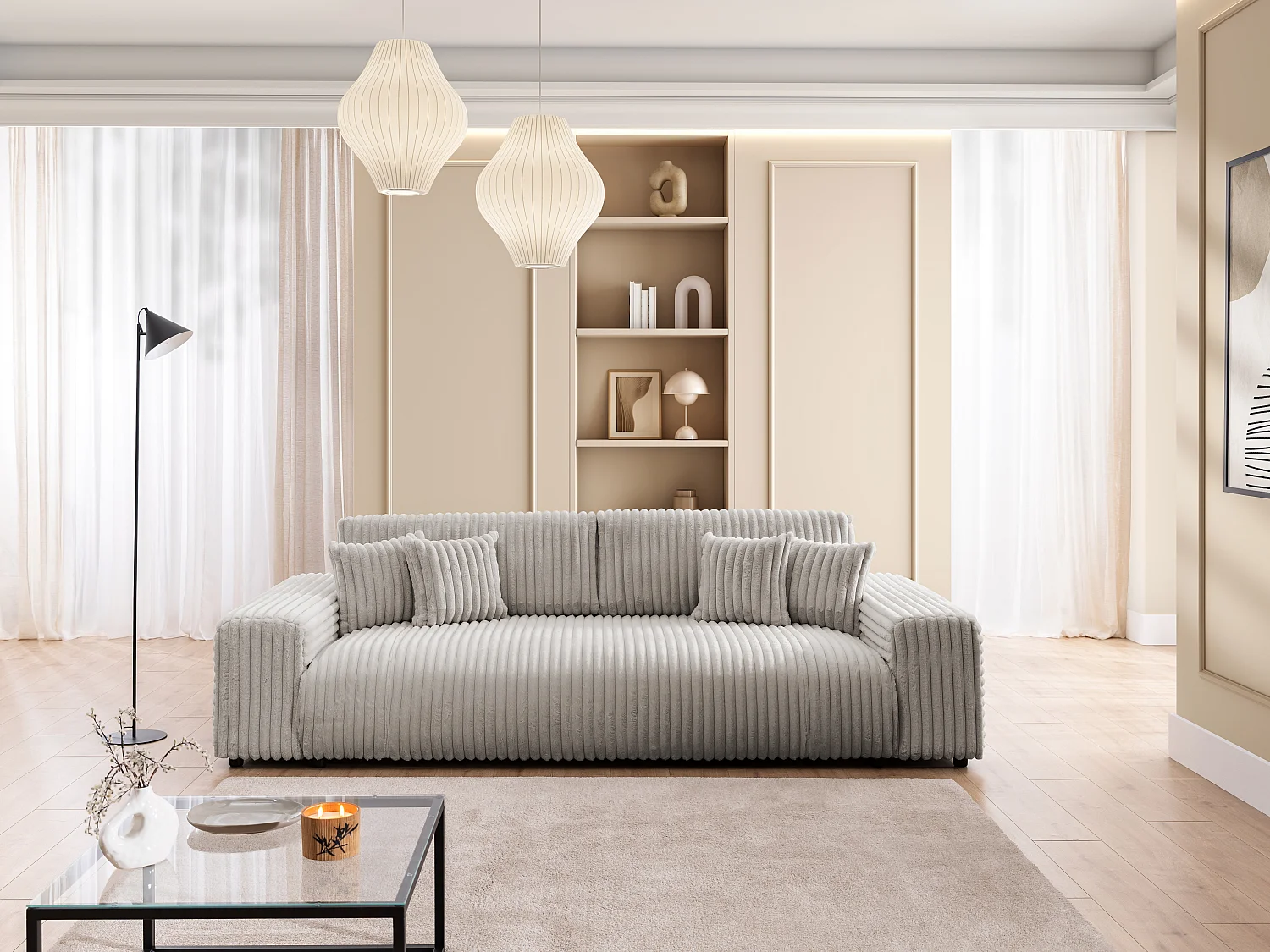 Mollis -  Sofa mit Schlaffunktion und Bettkasten aus Hellgrau Plüschcord mit schöner Sitzkomfort