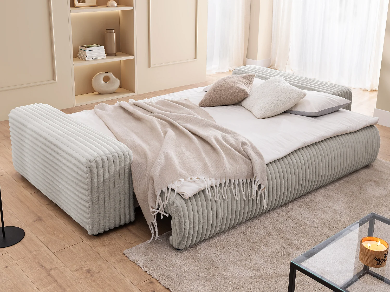 Mollis -  Sofa mit Schlaffunktion und Bettkasten aus Hellgrau Plüschcord mit schöner Sitzkomfort