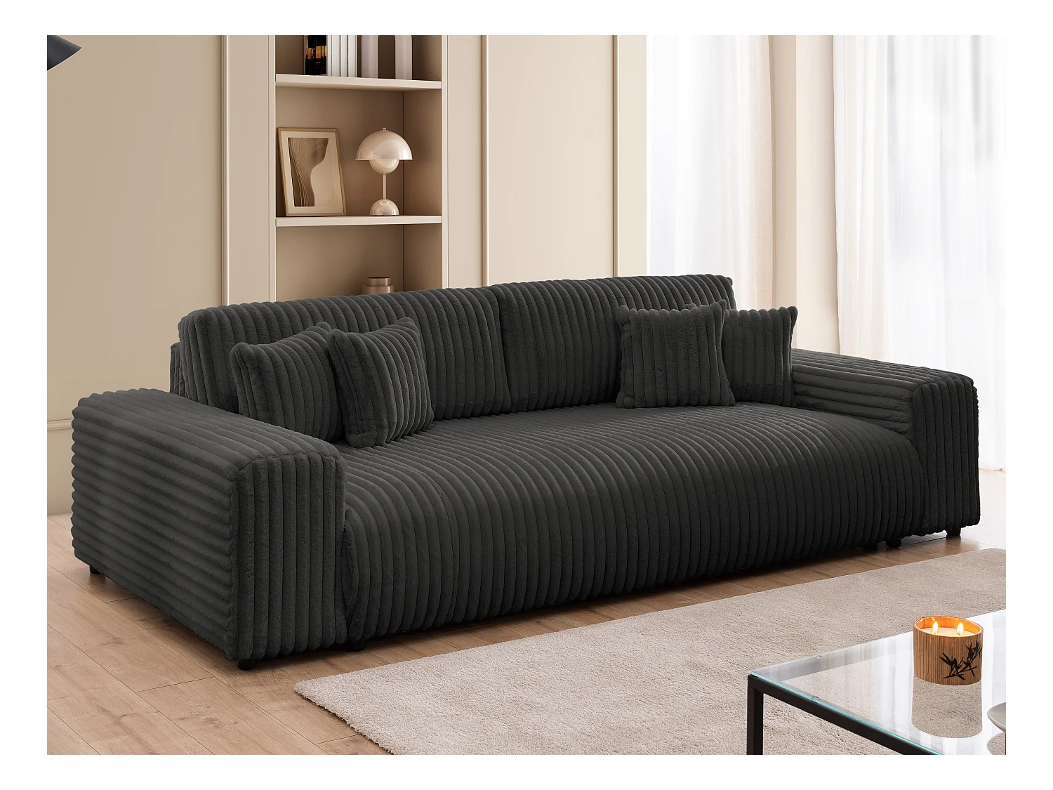 Mollis -  Sofa mit Schlaffunktion und Bettkasten aus Dunkelgrau Plüschcord mit schöner Sitzkomfort