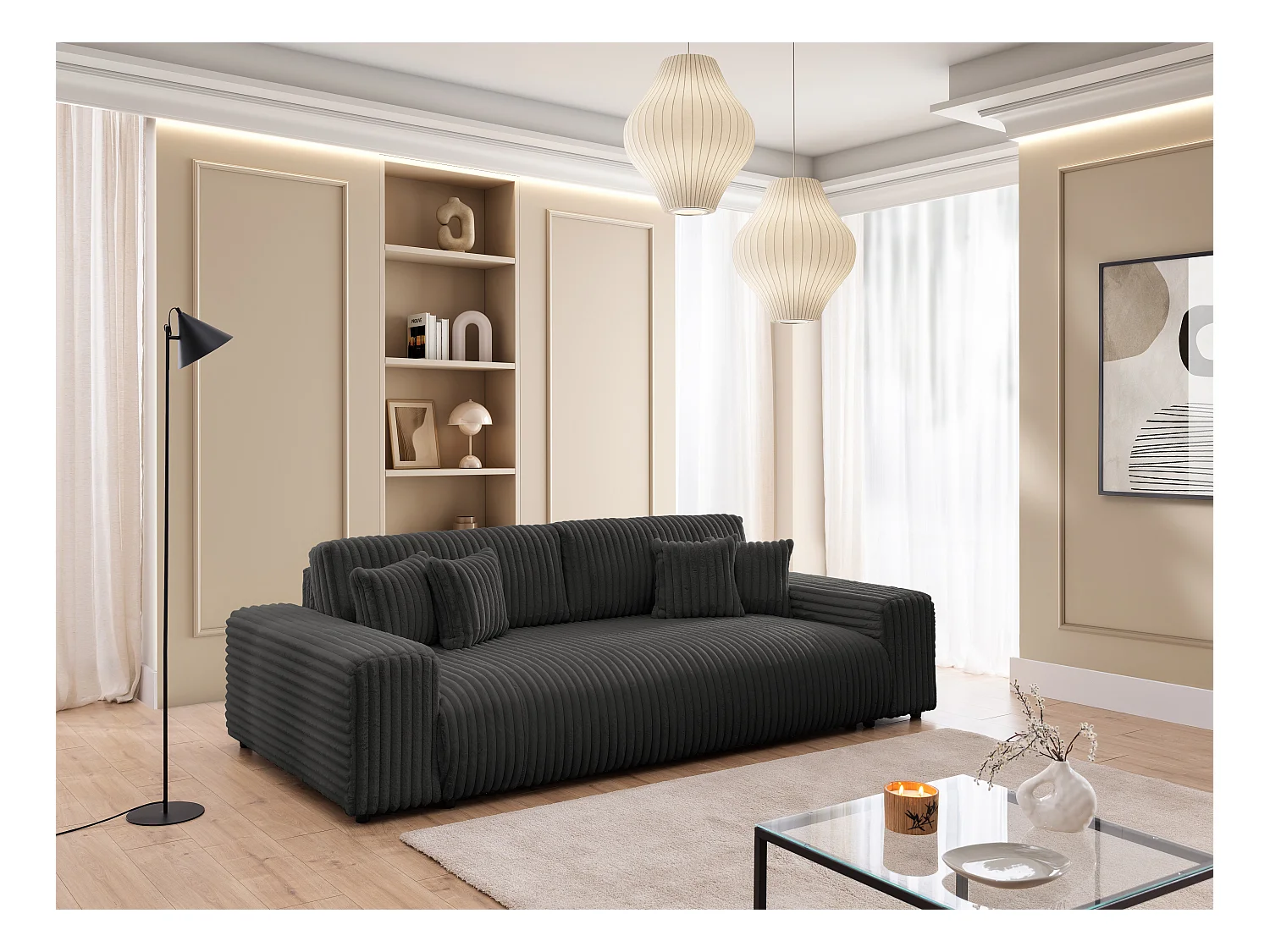 Mollis -  Sofa mit Schlaffunktion und Bettkasten aus Dunkelgrau Plüschcord mit schöner Sitzkomfort