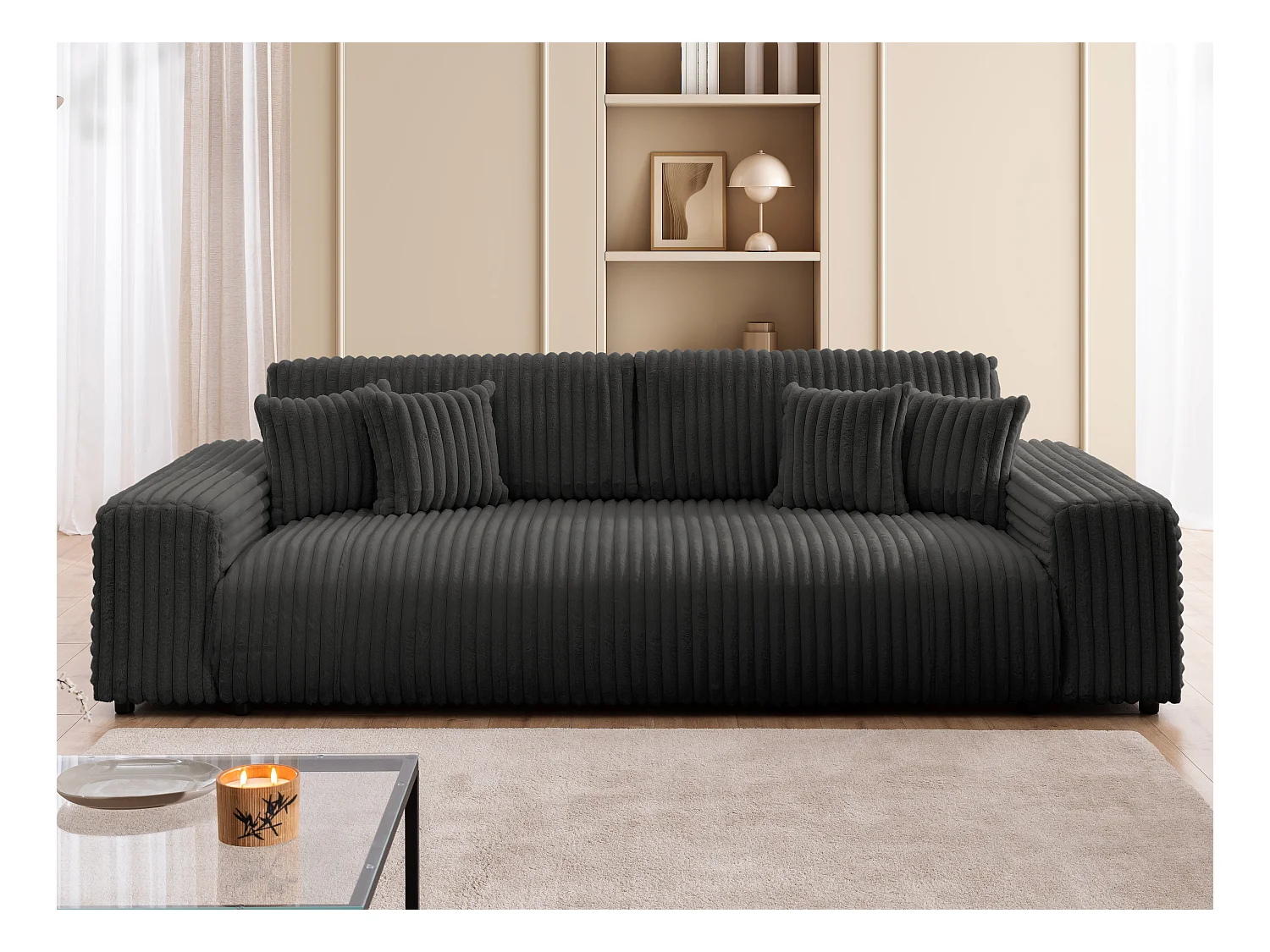 Mollis -  Sofa mit Schlaffunktion und Bettkasten aus Dunkelgrau Plüschcord mit schöner Sitzkomfort