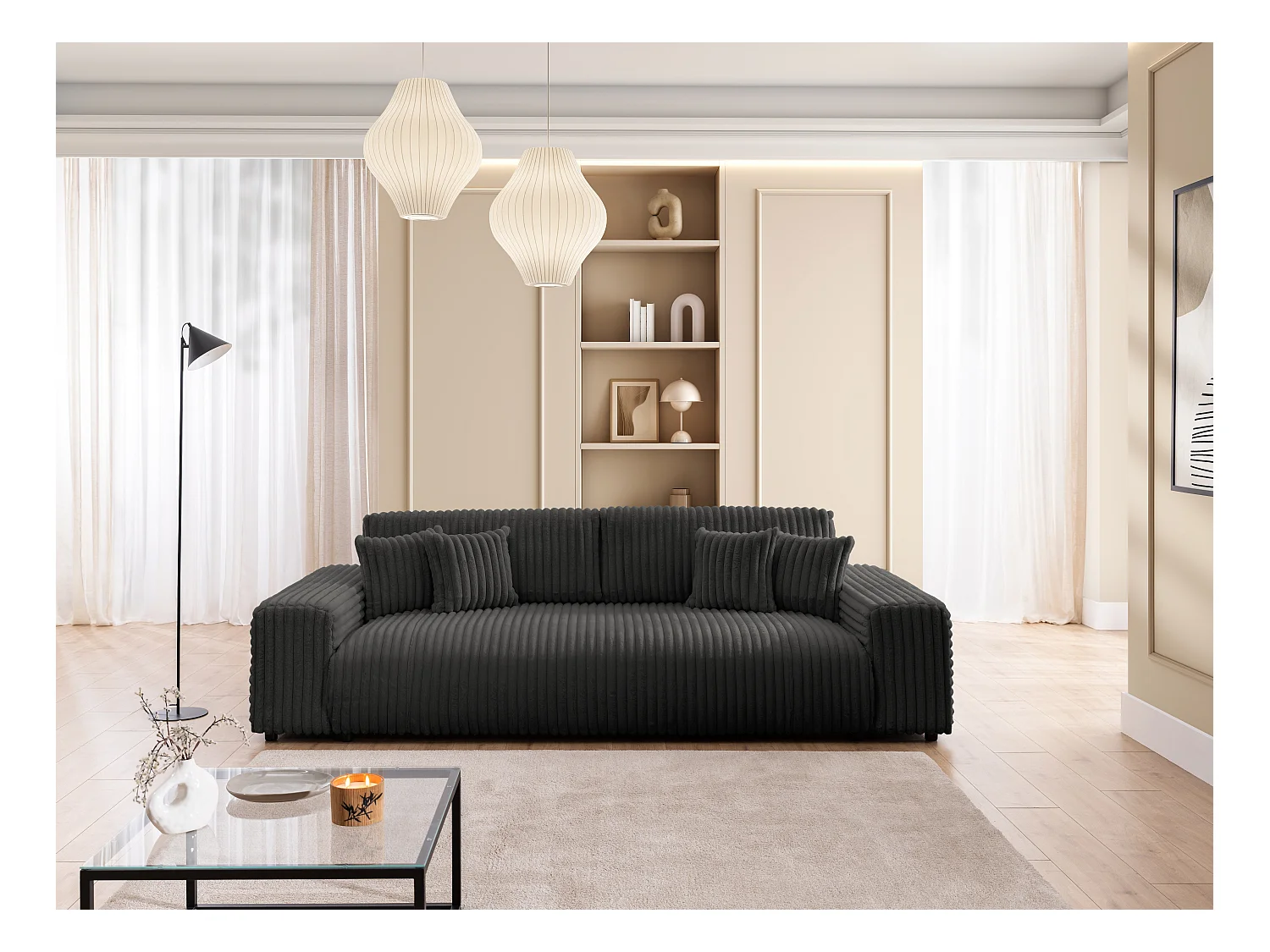 Mollis -  Sofa mit Schlaffunktion und Bettkasten aus Dunkelgrau Plüschcord mit schöner Sitzkomfort