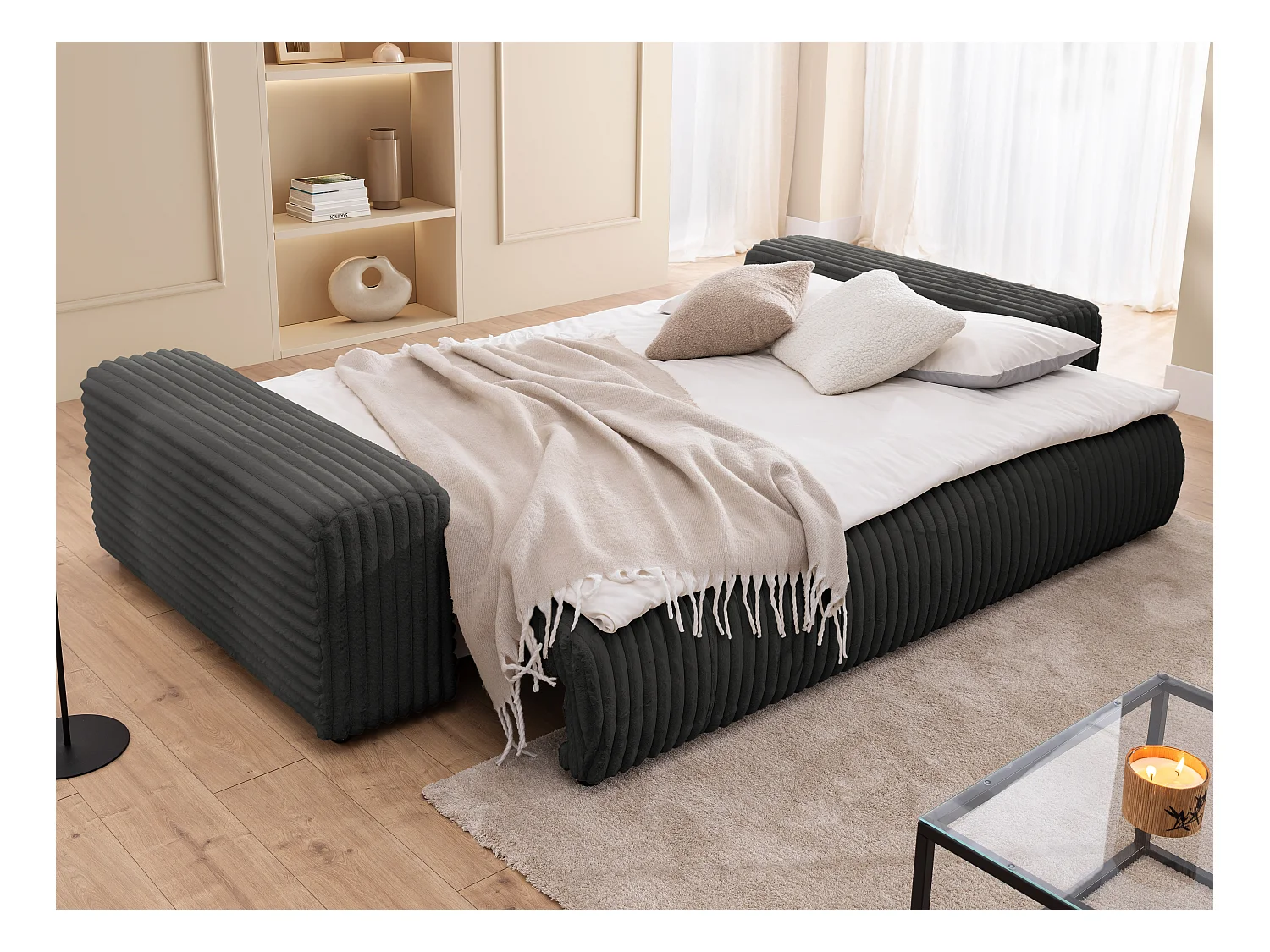 Mollis -  Sofa mit Schlaffunktion und Bettkasten aus Dunkelgrau Plüschcord mit schöner Sitzkomfort