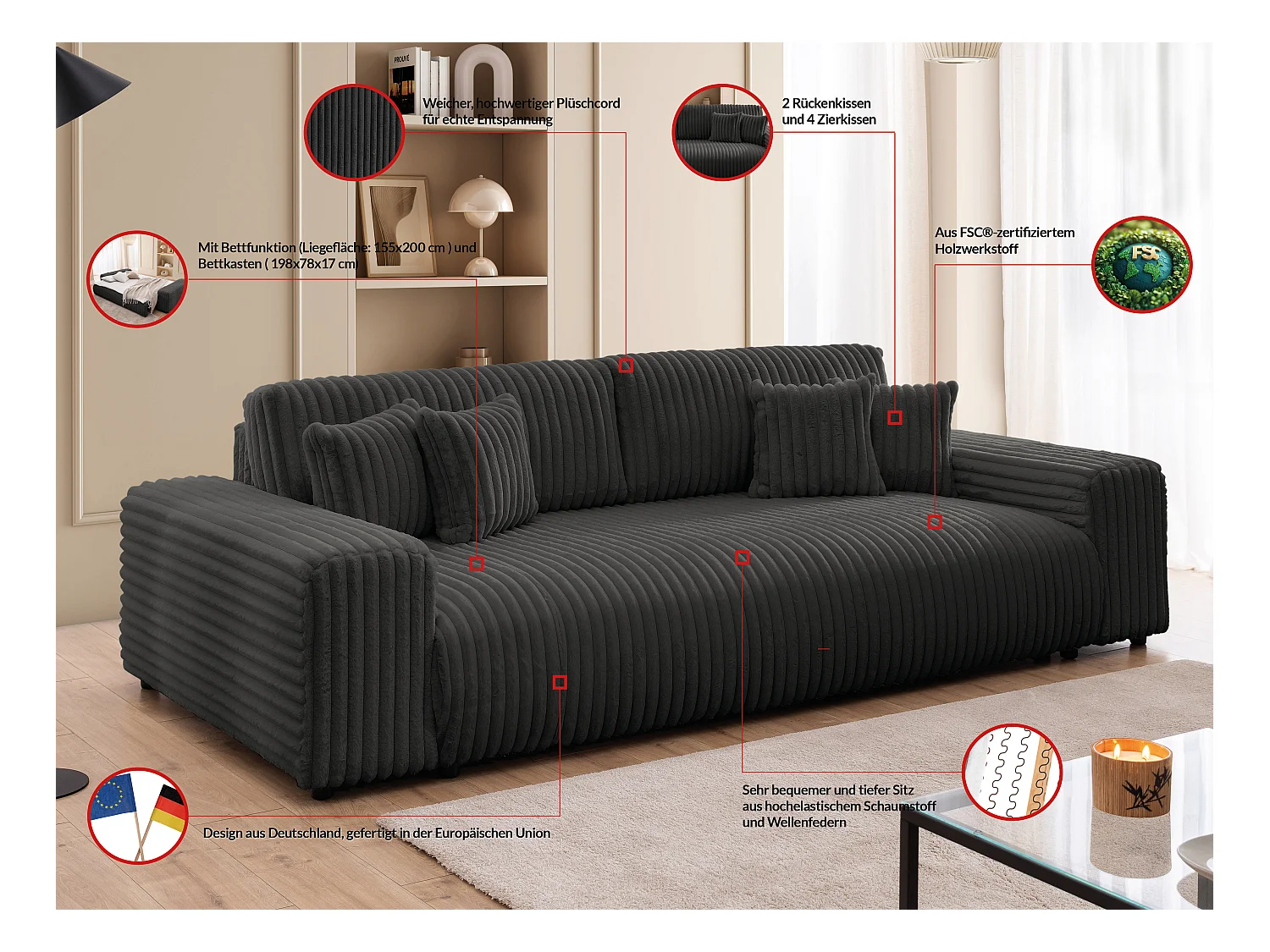 Mollis -  Sofa mit Schlaffunktion und Bettkasten aus Dunkelgrau Plüschcord mit schöner Sitzkomfort