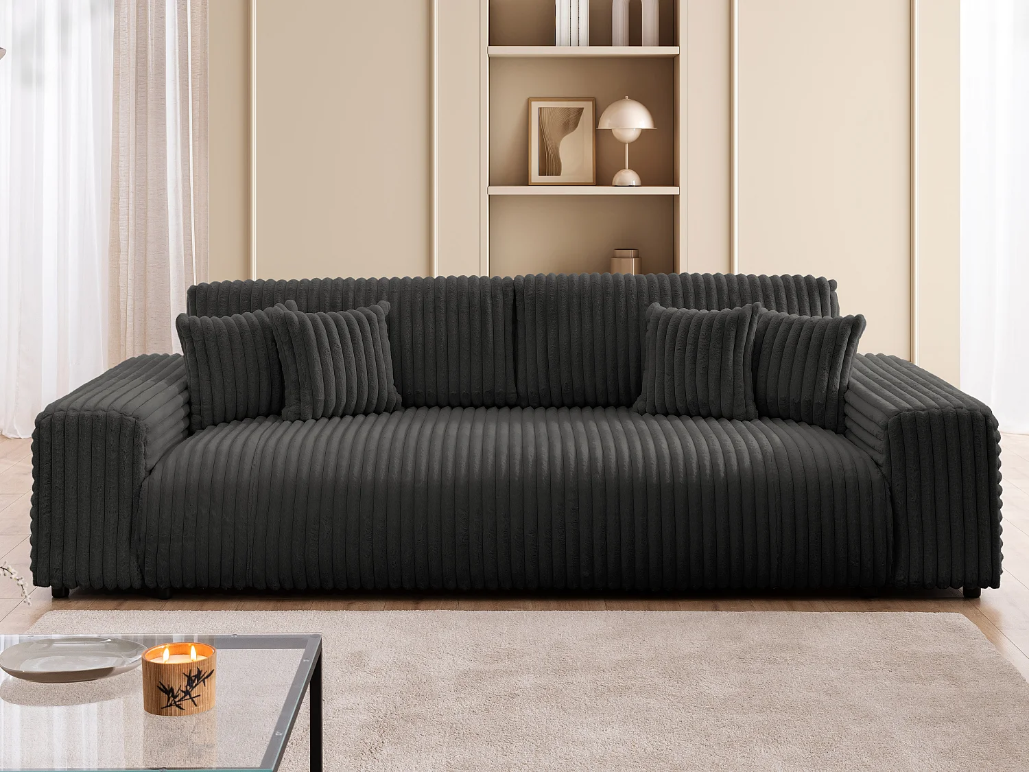 Mollis -  Sofa mit Schlaffunktion und Bettkasten aus Dunkelgrau Plüschcord mit schöner Sitzkomfort