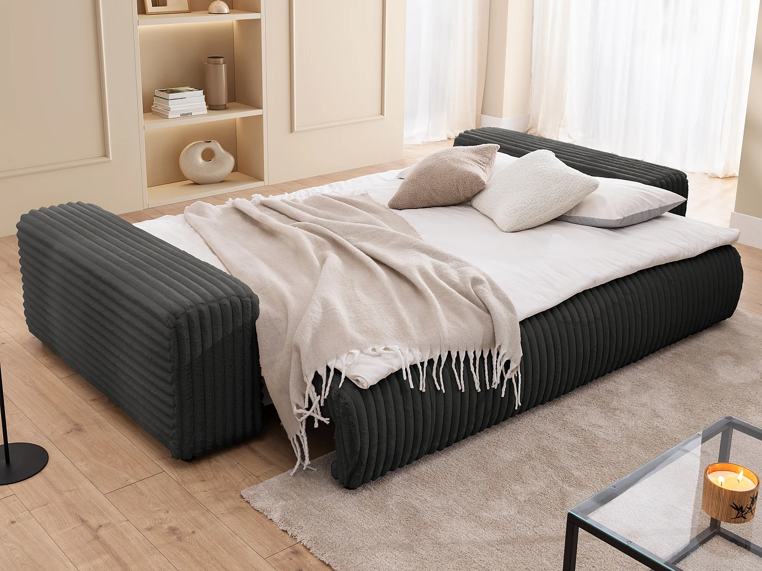 Mollis -  Sofa mit Schlaffunktion und Bettkasten aus Dunkelgrau Plüschcord mit schöner Sitzkomfort