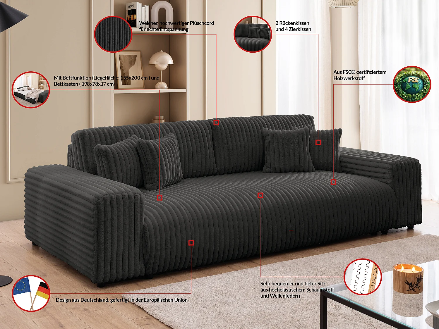 Mollis -  Sofa mit Schlaffunktion und Bettkasten aus Dunkelgrau Plüschcord mit schöner Sitzkomfort