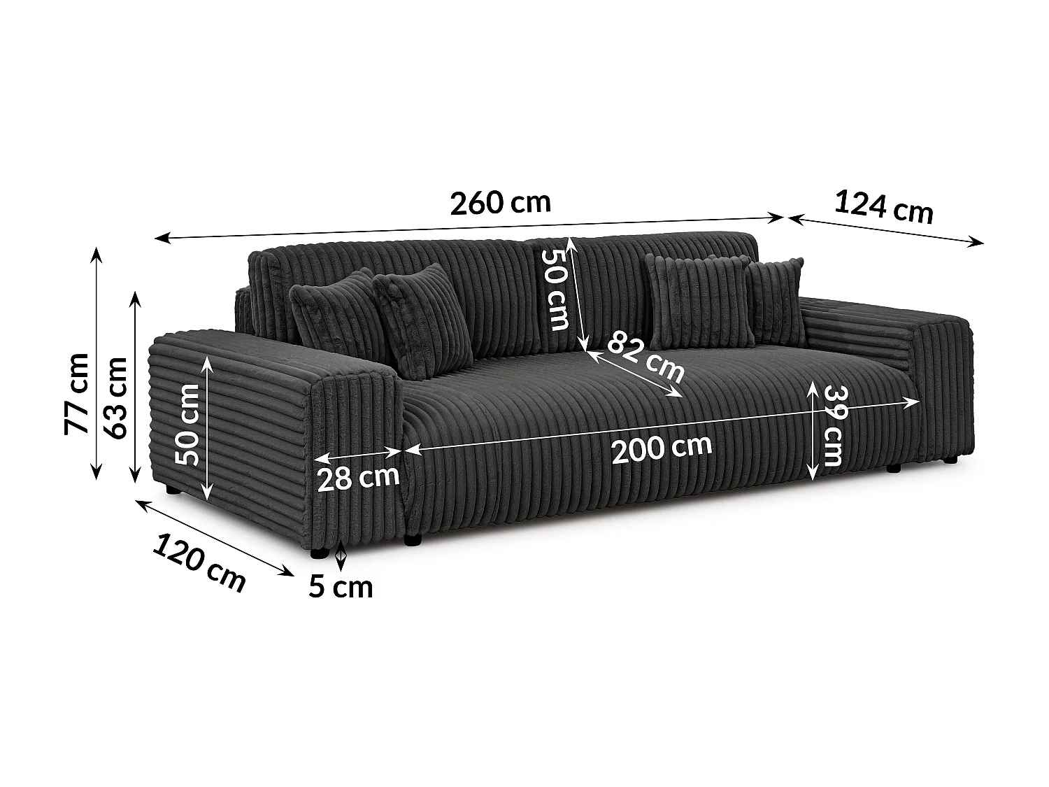 Mollis -  Sofa mit Schlaffunktion und Bettkasten aus Dunkelgrau Plüschcord mit schöner Sitzkomfort