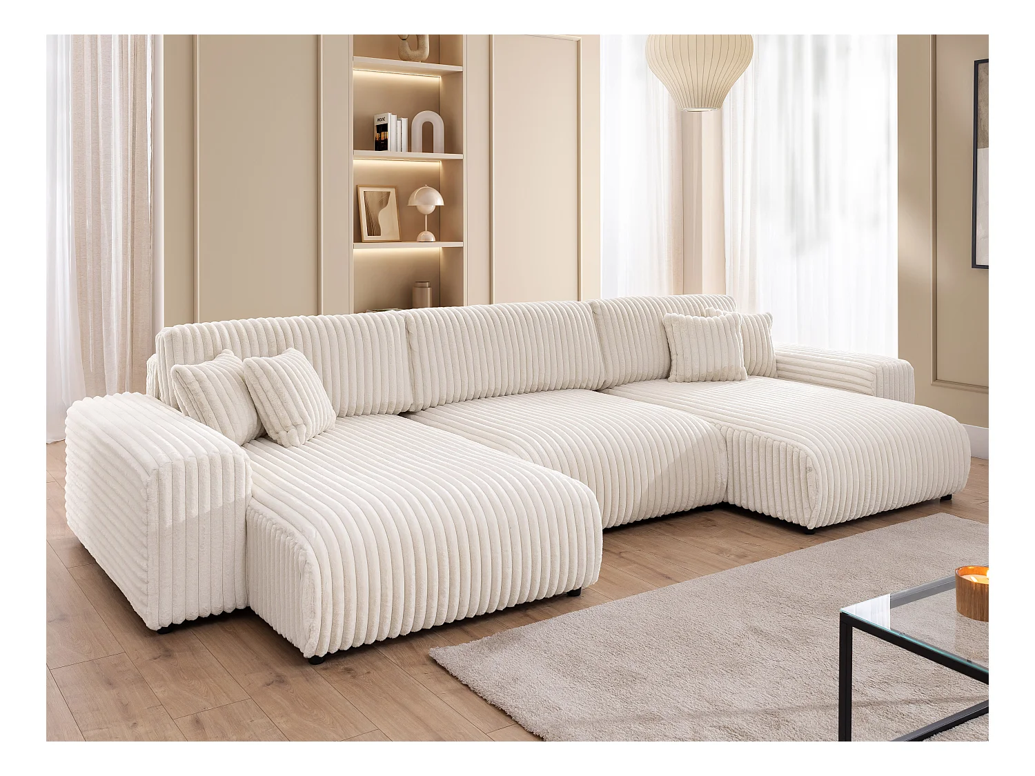 Mollis -  Wohnlandschaft mit Schlaffunktion und Bettkasten aus Hellbeige Plüschcord mit schöner Sitzkomfort