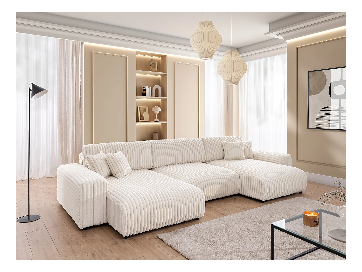 Mollis -  Wohnlandschaft mit Schlaffunktion und Bettkasten aus Hellbeige Plüschcord mit schöner Sitzkomfort