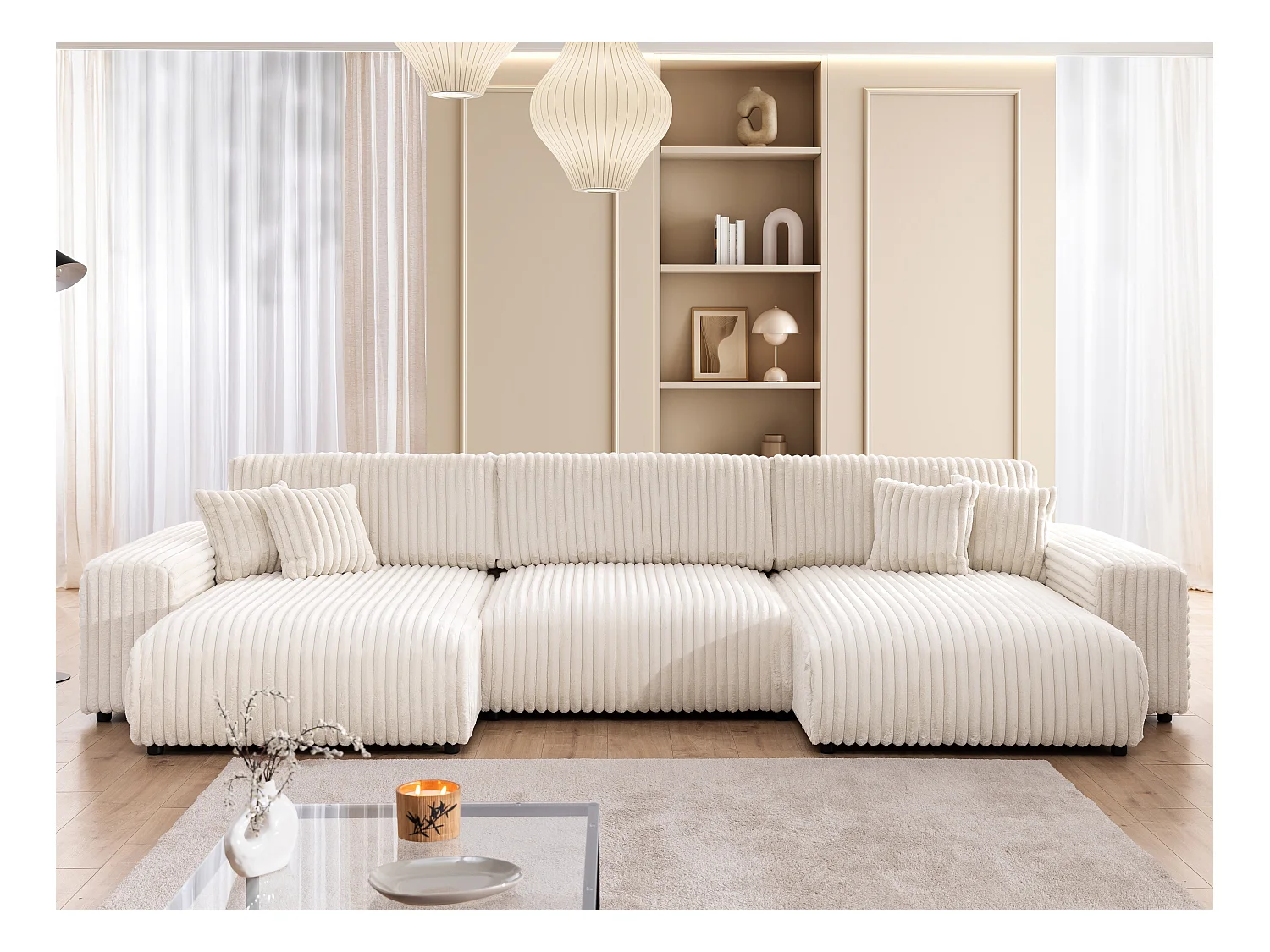 Mollis -  Wohnlandschaft mit Schlaffunktion und Bettkasten aus Hellbeige Plüschcord mit schöner Sitzkomfort