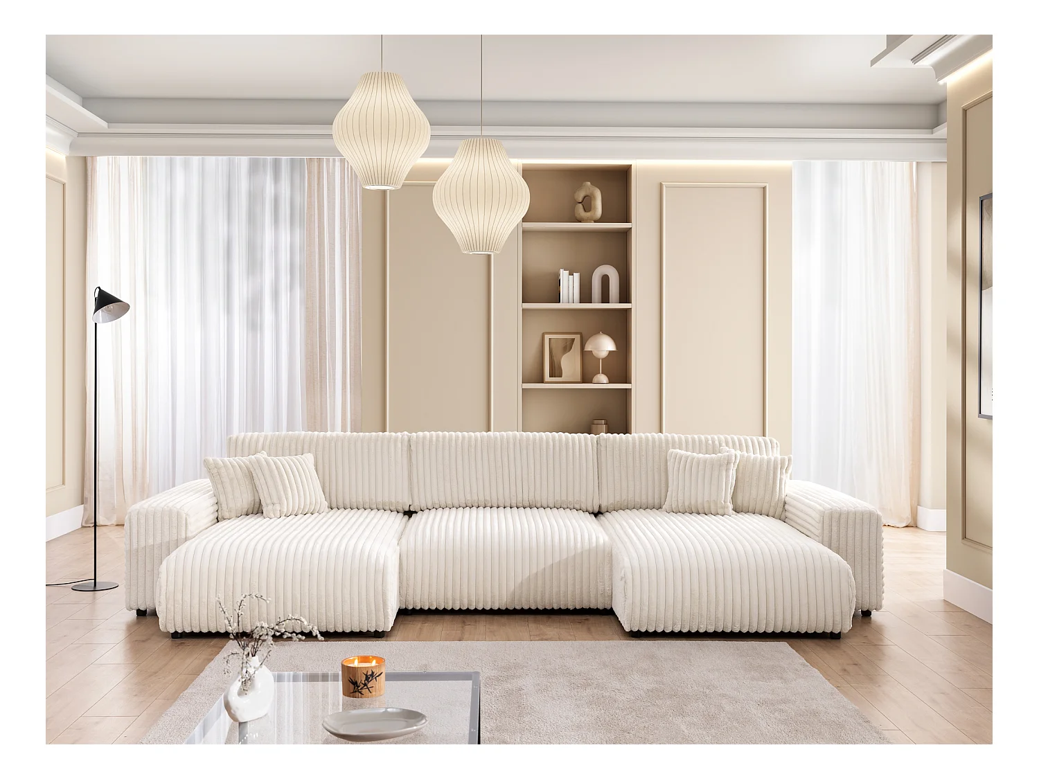 Mollis -  Wohnlandschaft mit Schlaffunktion und Bettkasten aus Hellbeige Plüschcord mit schöner Sitzkomfort