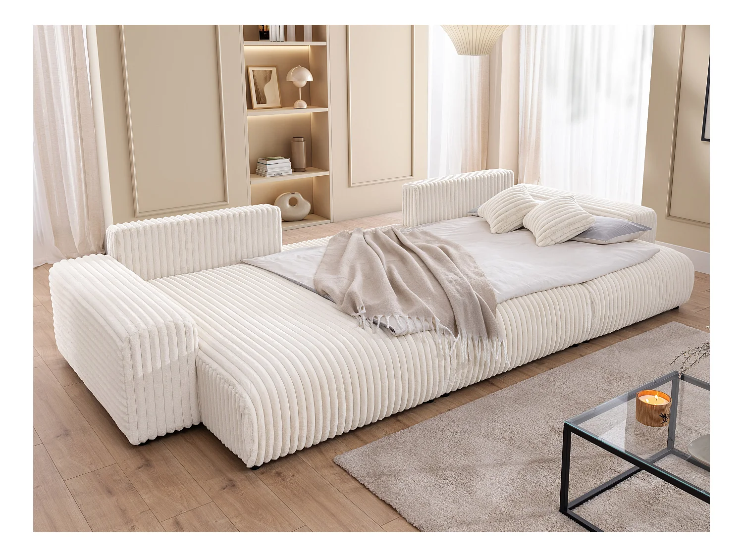 Mollis -  Wohnlandschaft mit Schlaffunktion und Bettkasten aus Hellbeige Plüschcord mit schöner Sitzkomfort