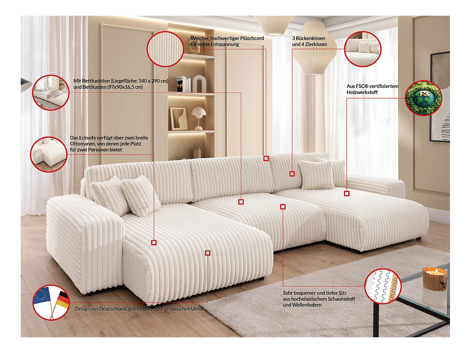 Mollis -  Wohnlandschaft mit Schlaffunktion und Bettkasten aus Hellbeige Plüschcord mit schöner Sitzkomfort