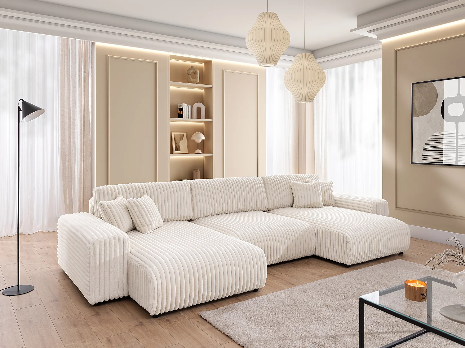 Mollis -  Wohnlandschaft mit Schlaffunktion und Bettkasten aus Hellbeige Plüschcord mit schöner Sitzkomfort