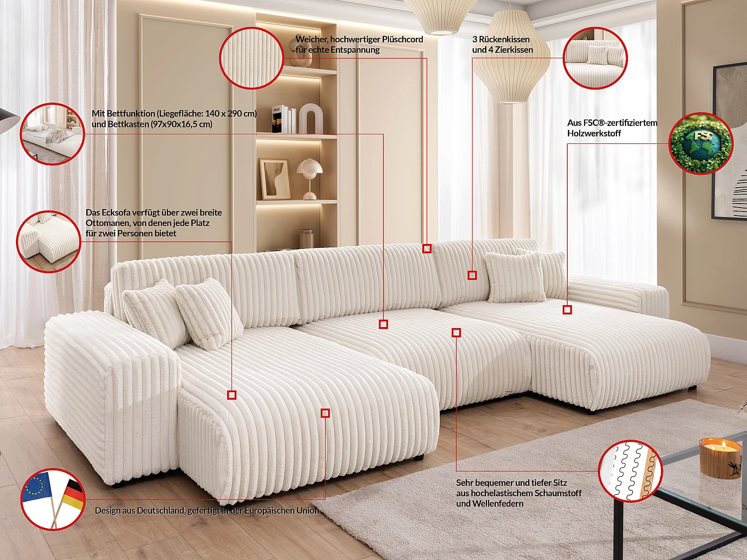 Mollis -  Wohnlandschaft mit Schlaffunktion und Bettkasten aus Hellbeige Plüschcord mit schöner Sitzkomfort