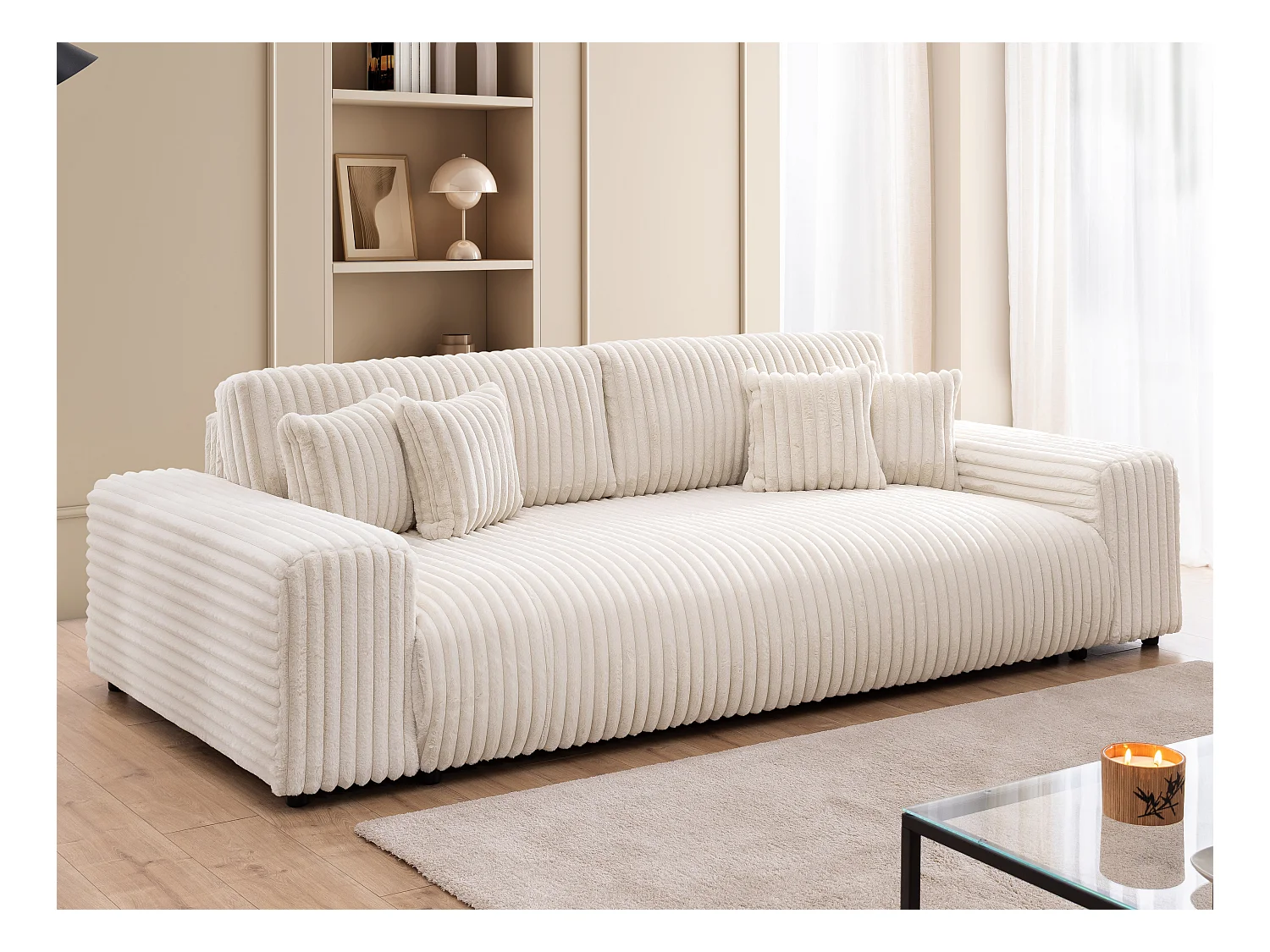 Mollis -  Sofa mit Schlaffunktion und Bettkasten aus Hellbeige Plüschcord mit schöner Sitzkomfort