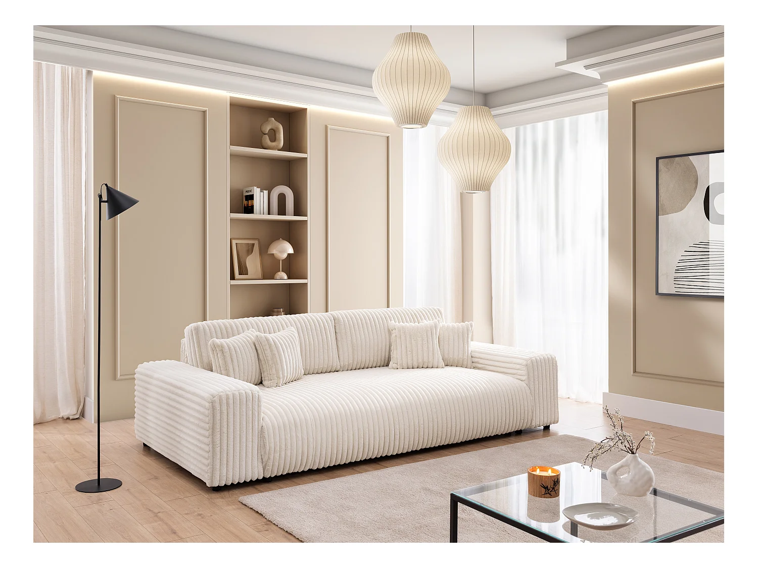 Mollis -  Sofa mit Schlaffunktion und Bettkasten aus Hellbeige Plüschcord mit schöner Sitzkomfort