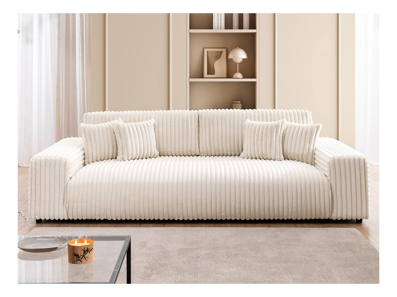 Mollis -  Sofa mit Schlaffunktion und Bettkasten aus Hellbeige Plüschcord mit schöner Sitzkomfort