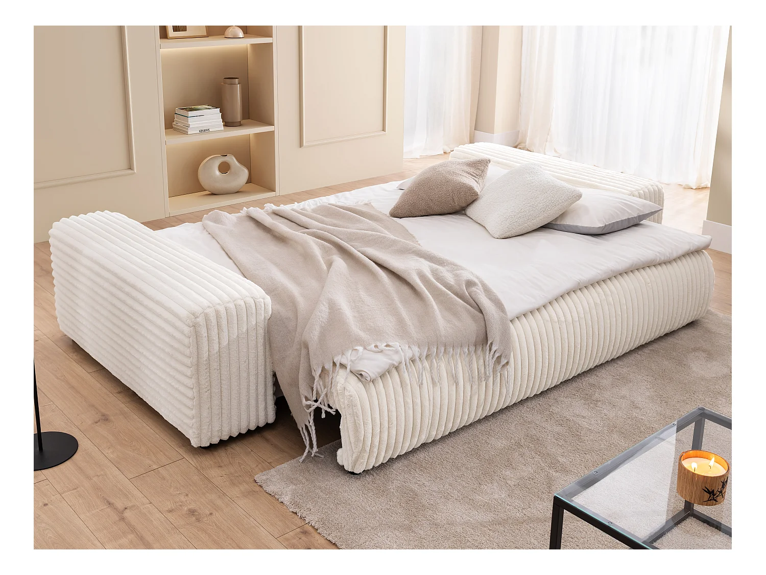 Mollis -  Sofa mit Schlaffunktion und Bettkasten aus Hellbeige Plüschcord mit schöner Sitzkomfort