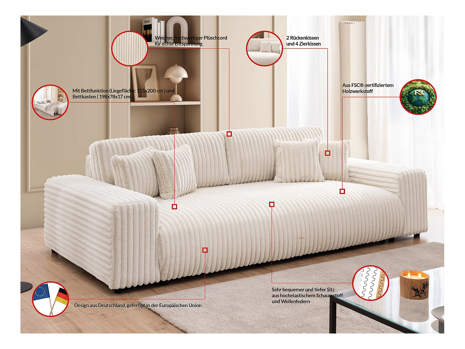 Mollis -  Sofa mit Schlaffunktion und Bettkasten aus Hellbeige Plüschcord mit schöner Sitzkomfort